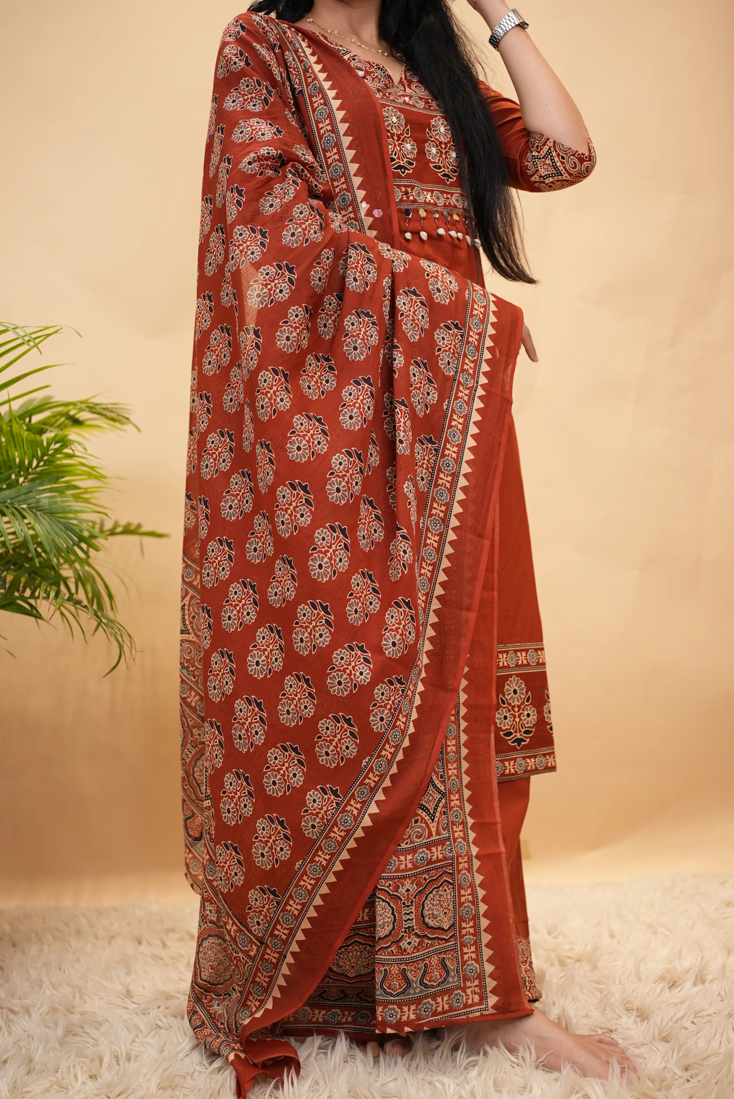 Sanganeri Print Mirror Work Palazzo Style 3-Piece Suit Set