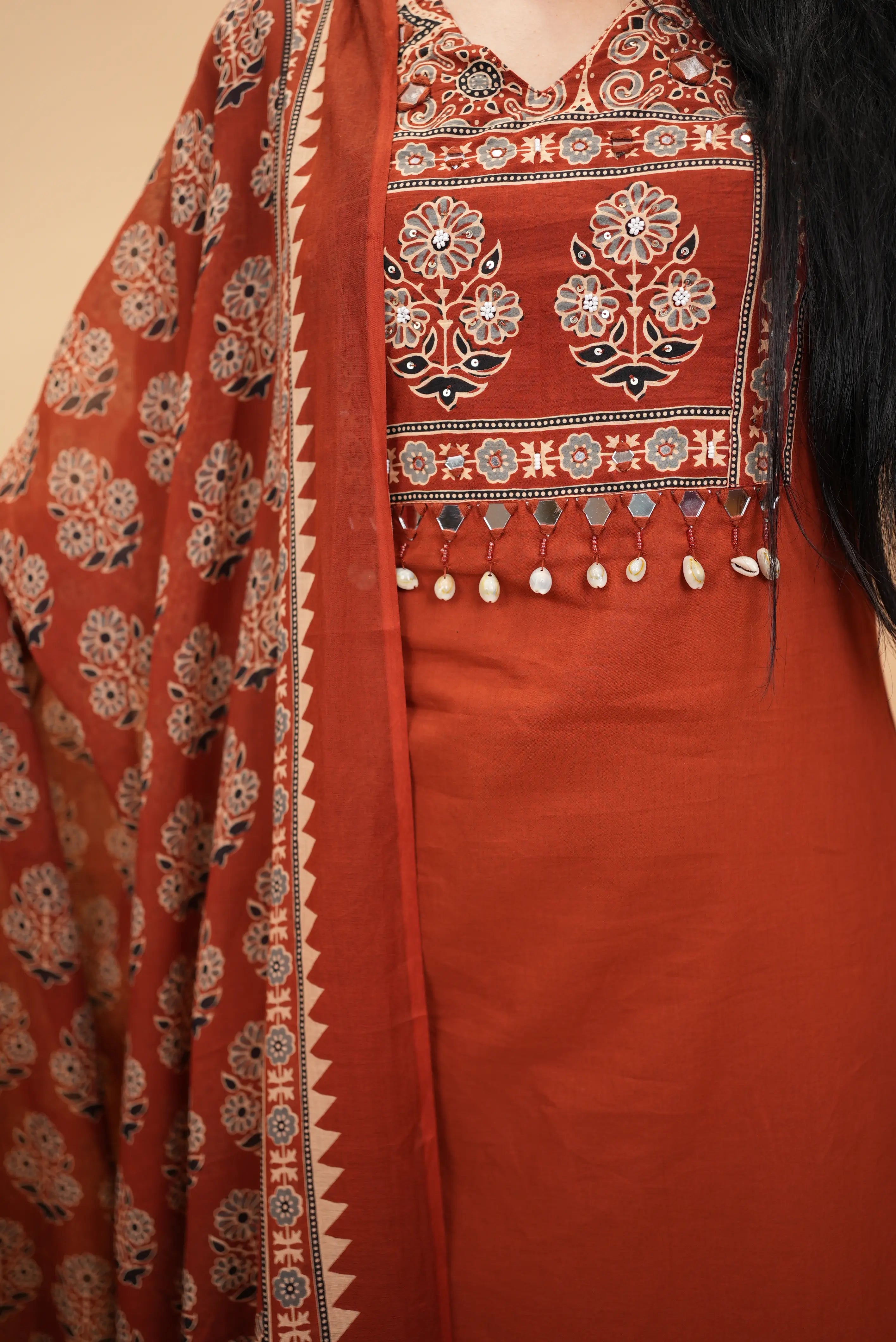 Sanganeri Print Mirror Work Palazzo Style 3-Piece Suit Set
