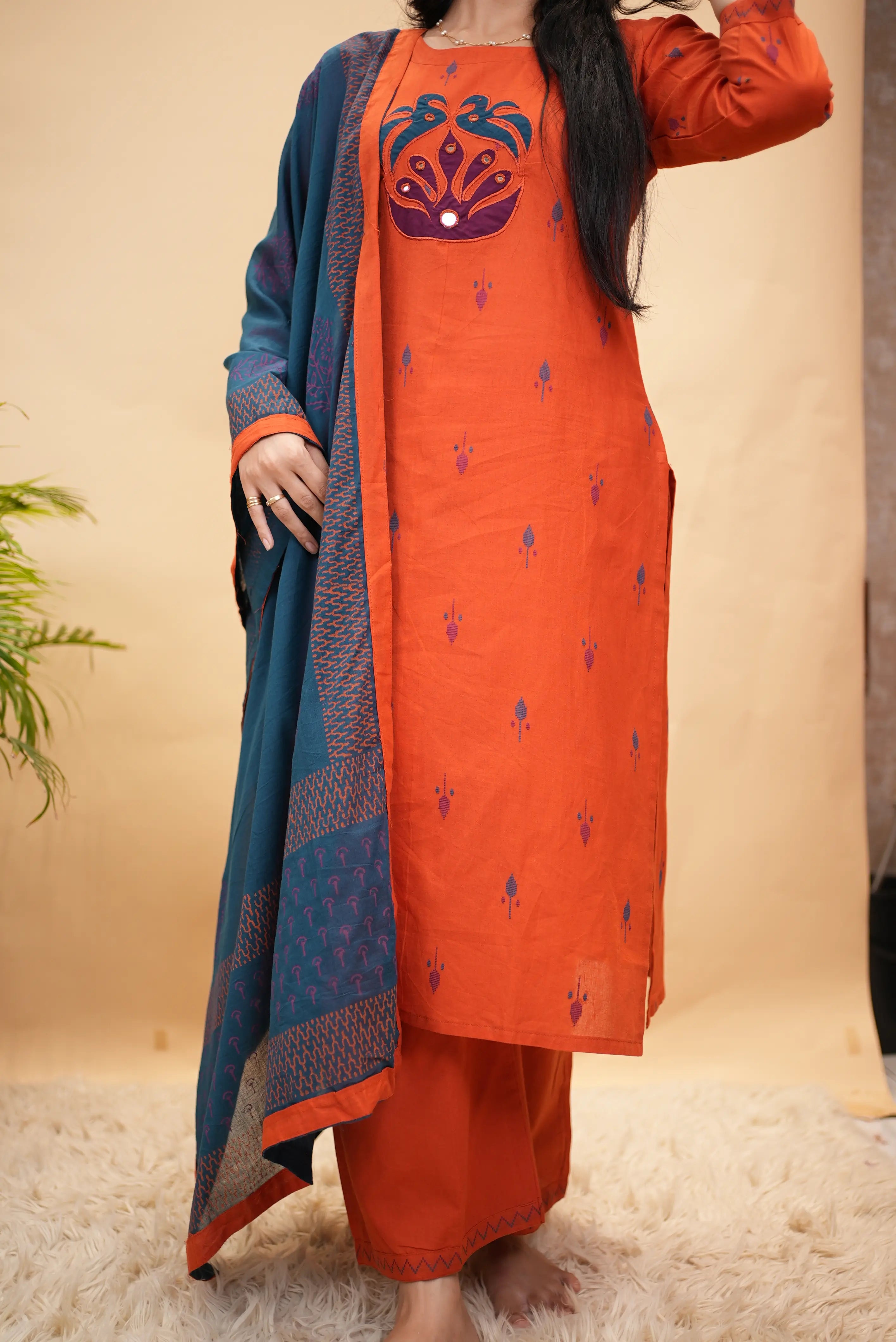 Plazo Pattern Cotton 3-Piece Suit Set With Mirror & Appliqué Work