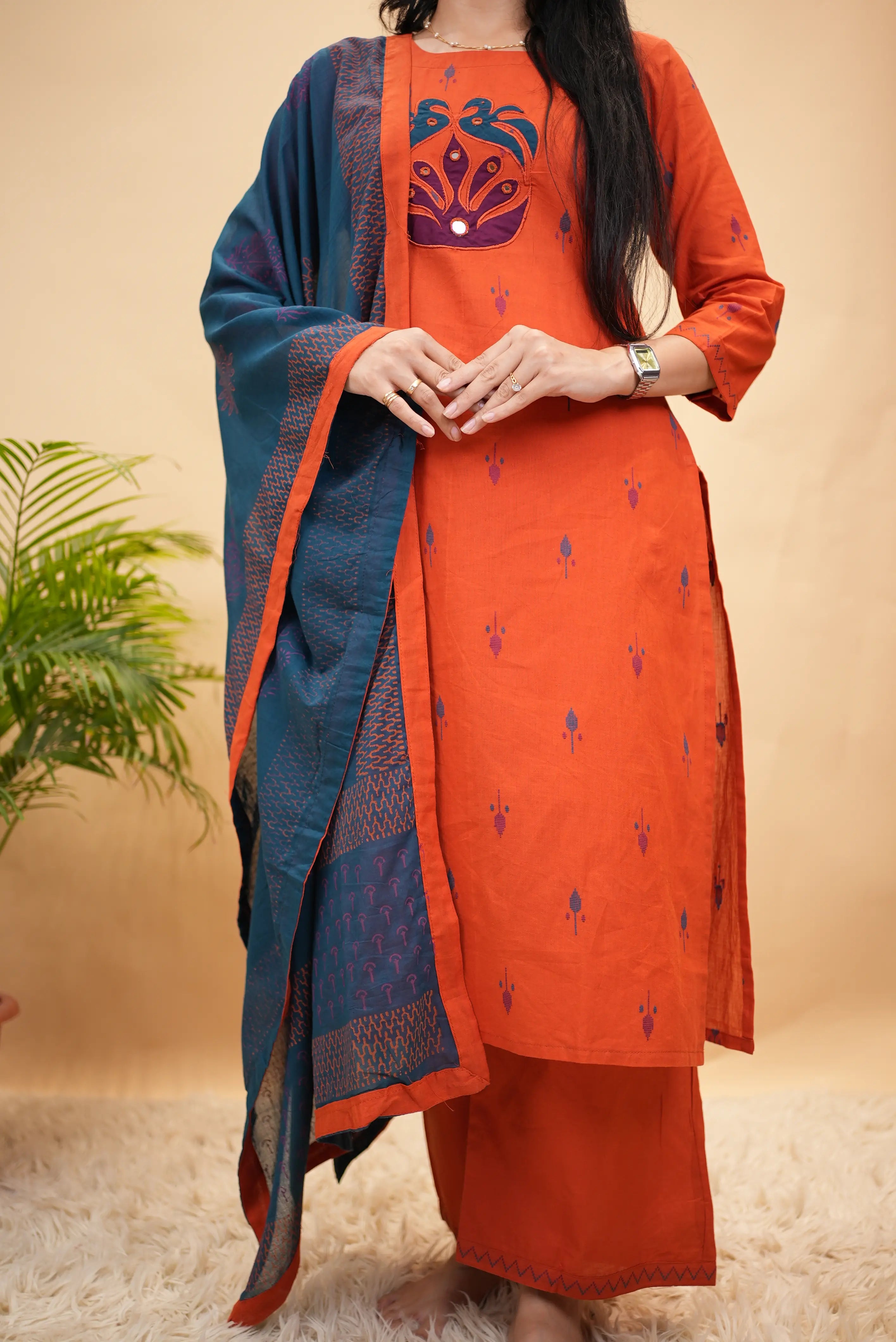 Plazo Pattern Cotton 3-Piece Suit Set With Mirror & Appliqué Work