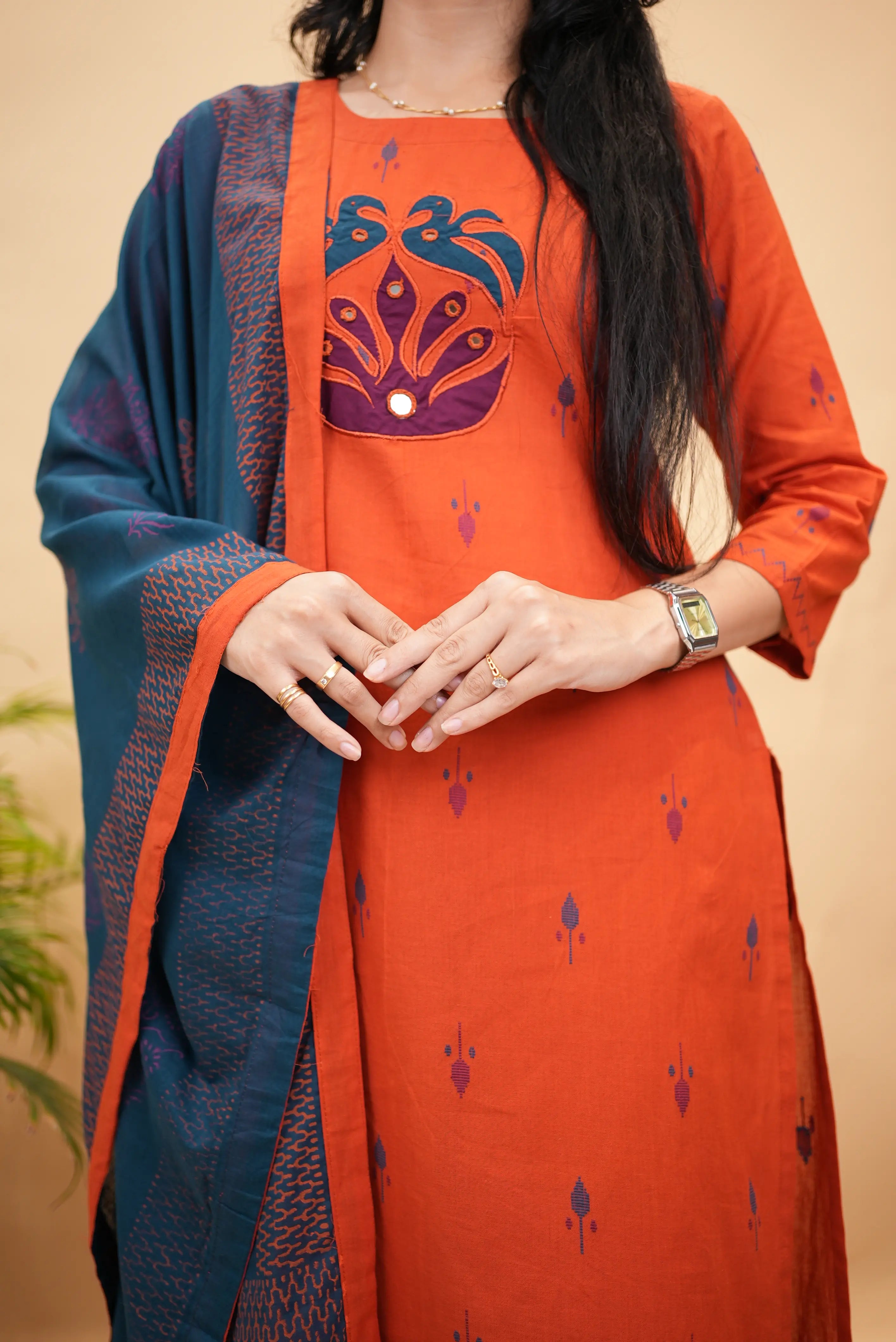 Plazo Pattern Cotton 3-Piece Suit Set With Mirror & Appliqué Work