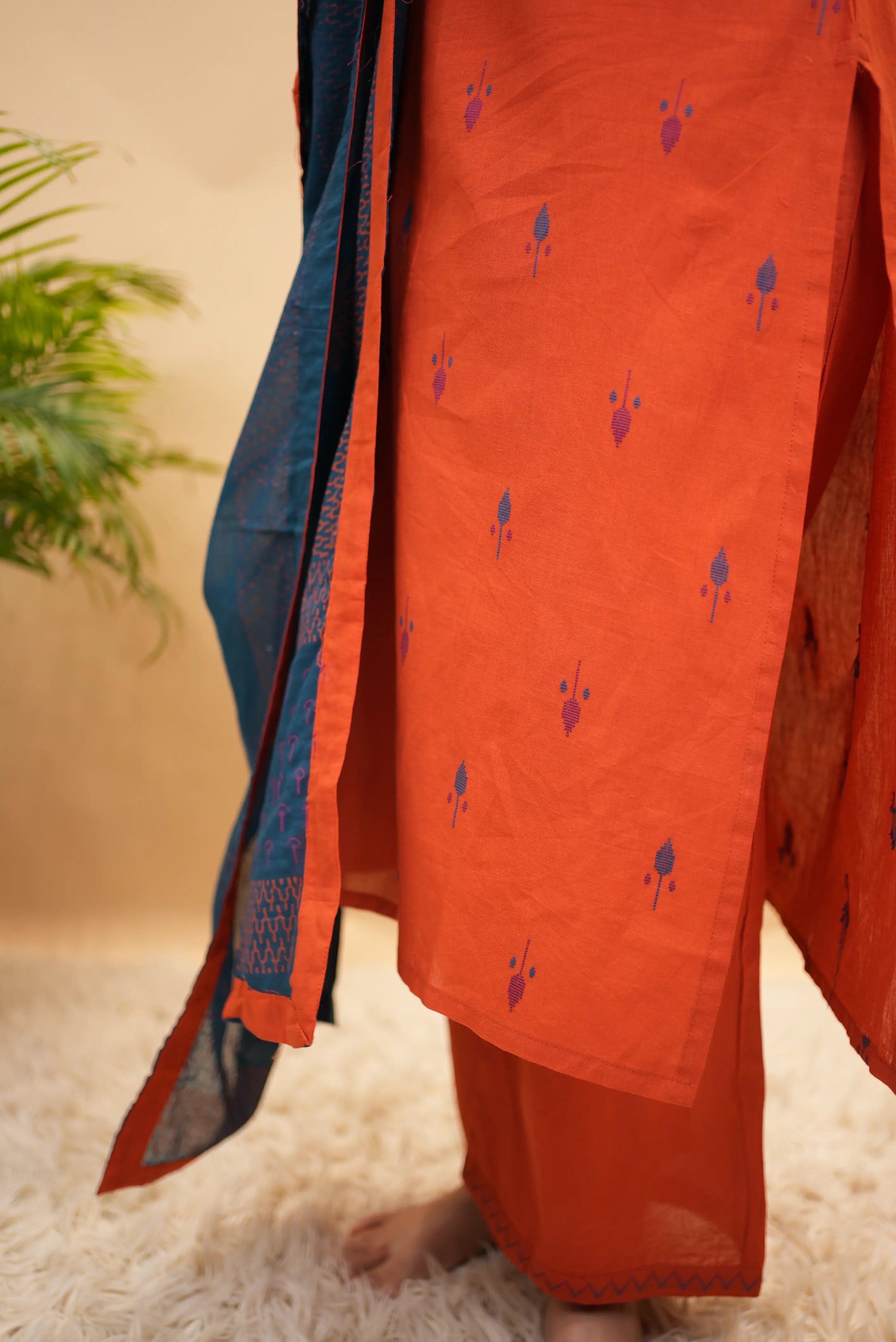 Plazo Pattern Cotton 3-Piece Suit Set With Mirror & Appliqué Work