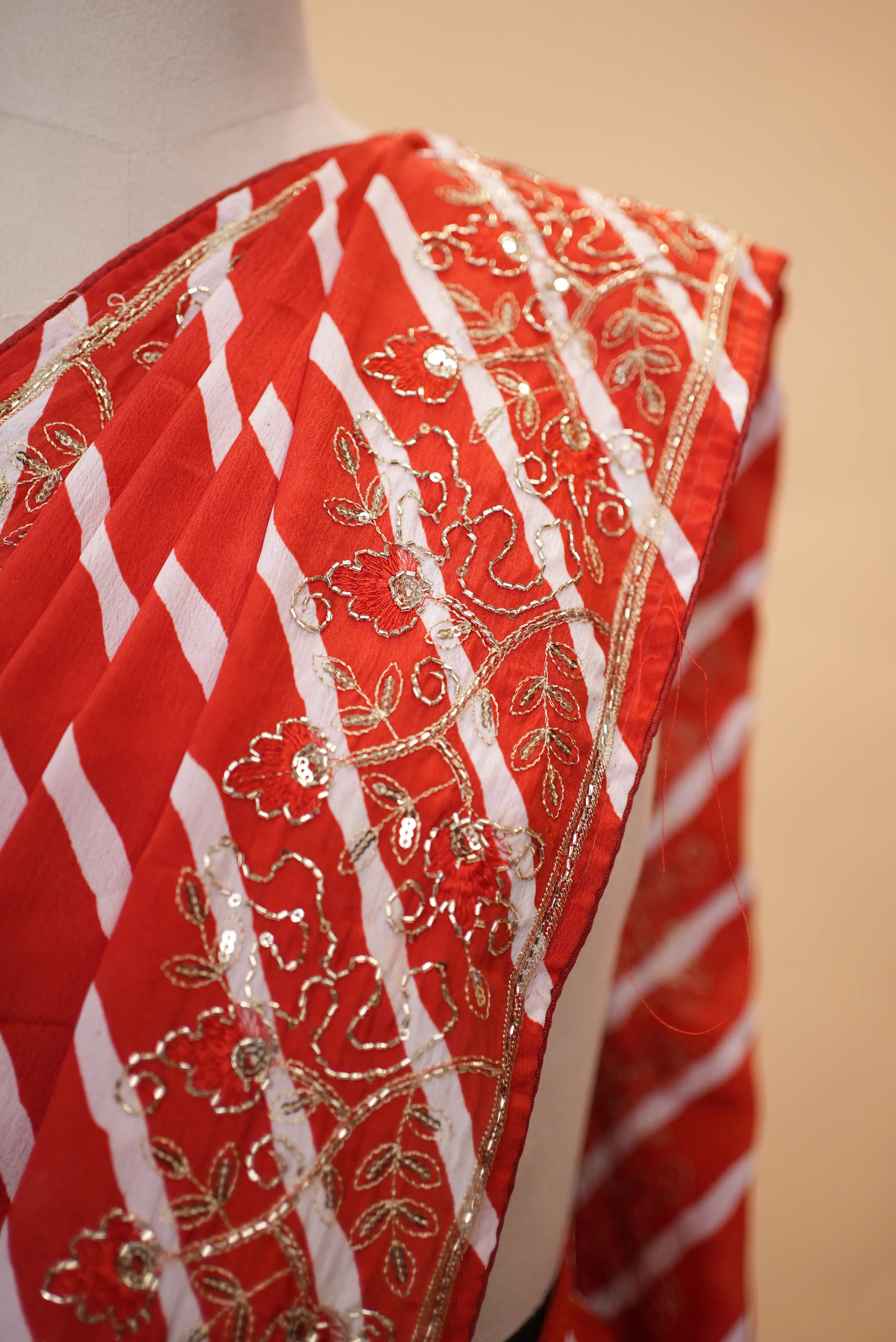 Viscose Chinon Leheriya Saree with Cut Dana & Sequence work (With Blouse)