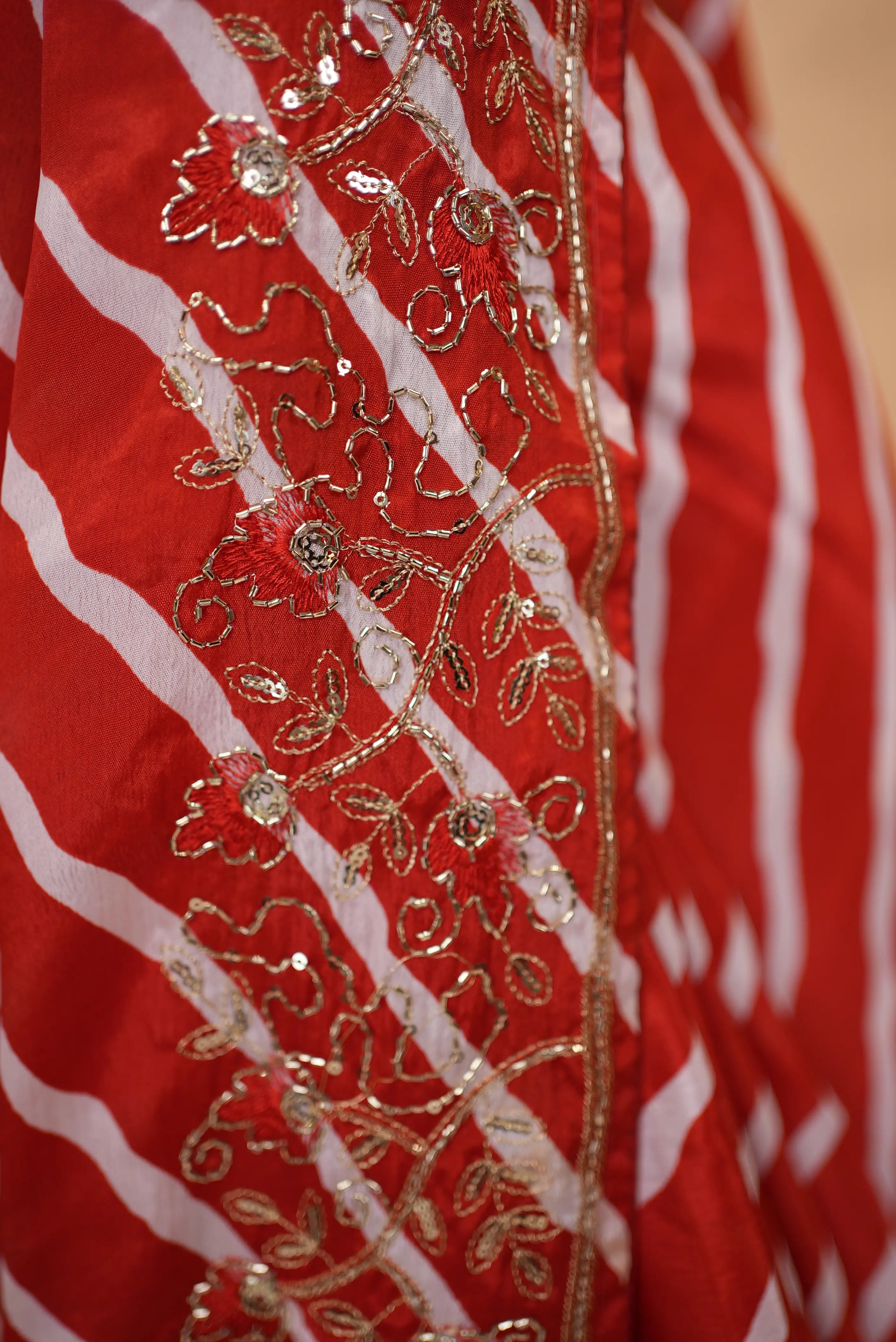 Viscose Chinon Leheriya Saree with Cut Dana & Sequence work (With Blouse)