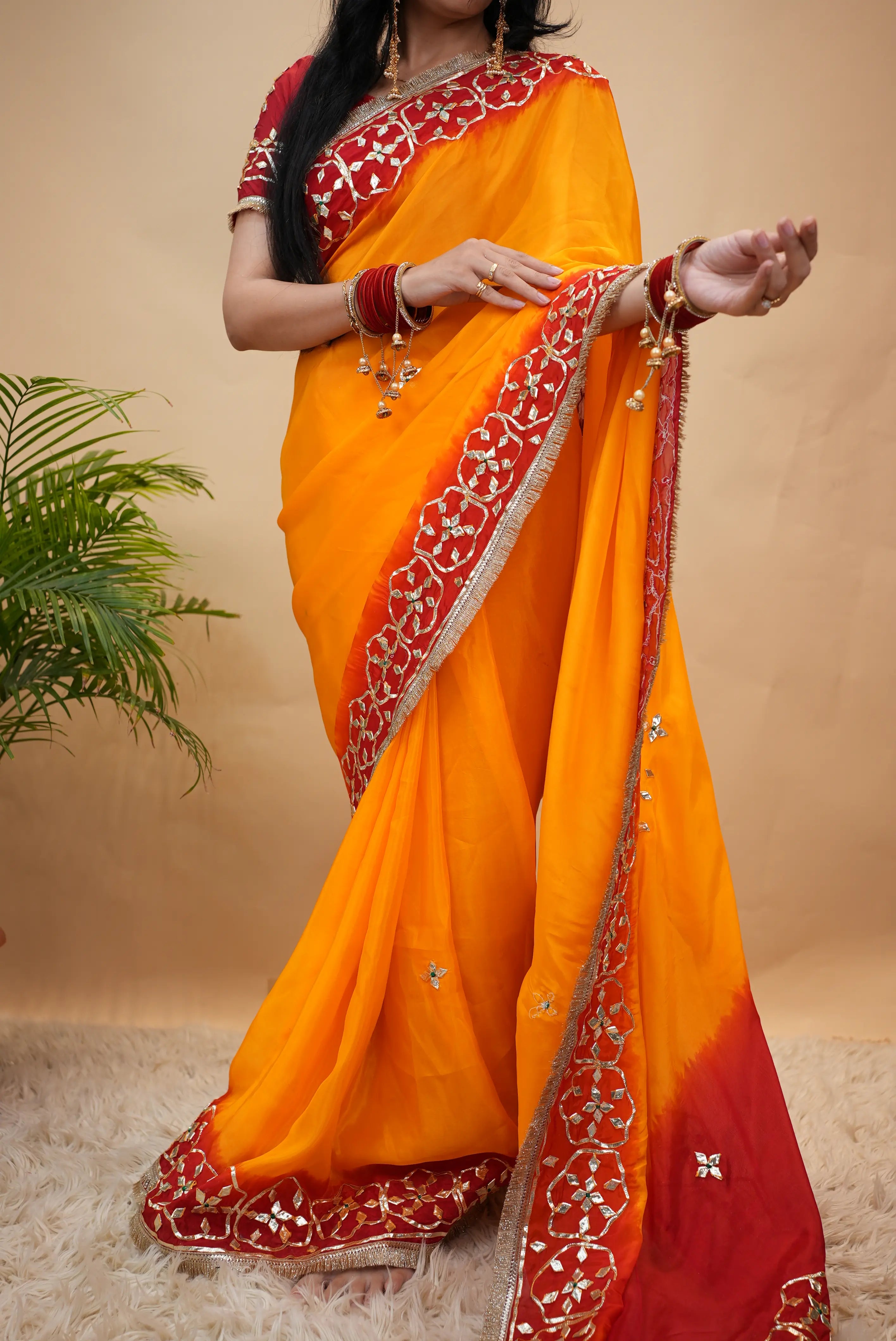Traditional Gota Patti Handwork Pila Saree (With Blouse)
