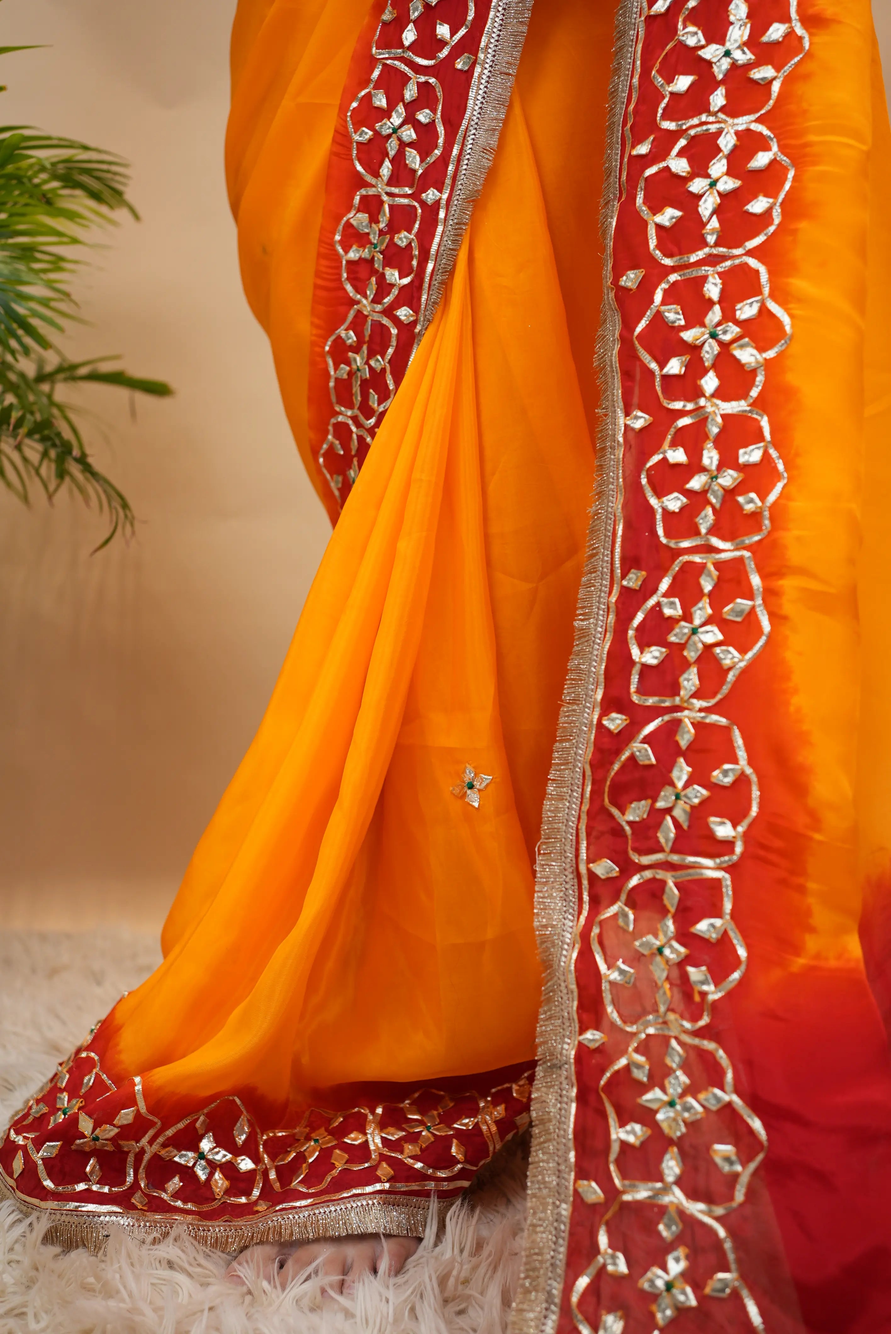Traditional Gota Patti Handwork Pila Saree (With Blouse)