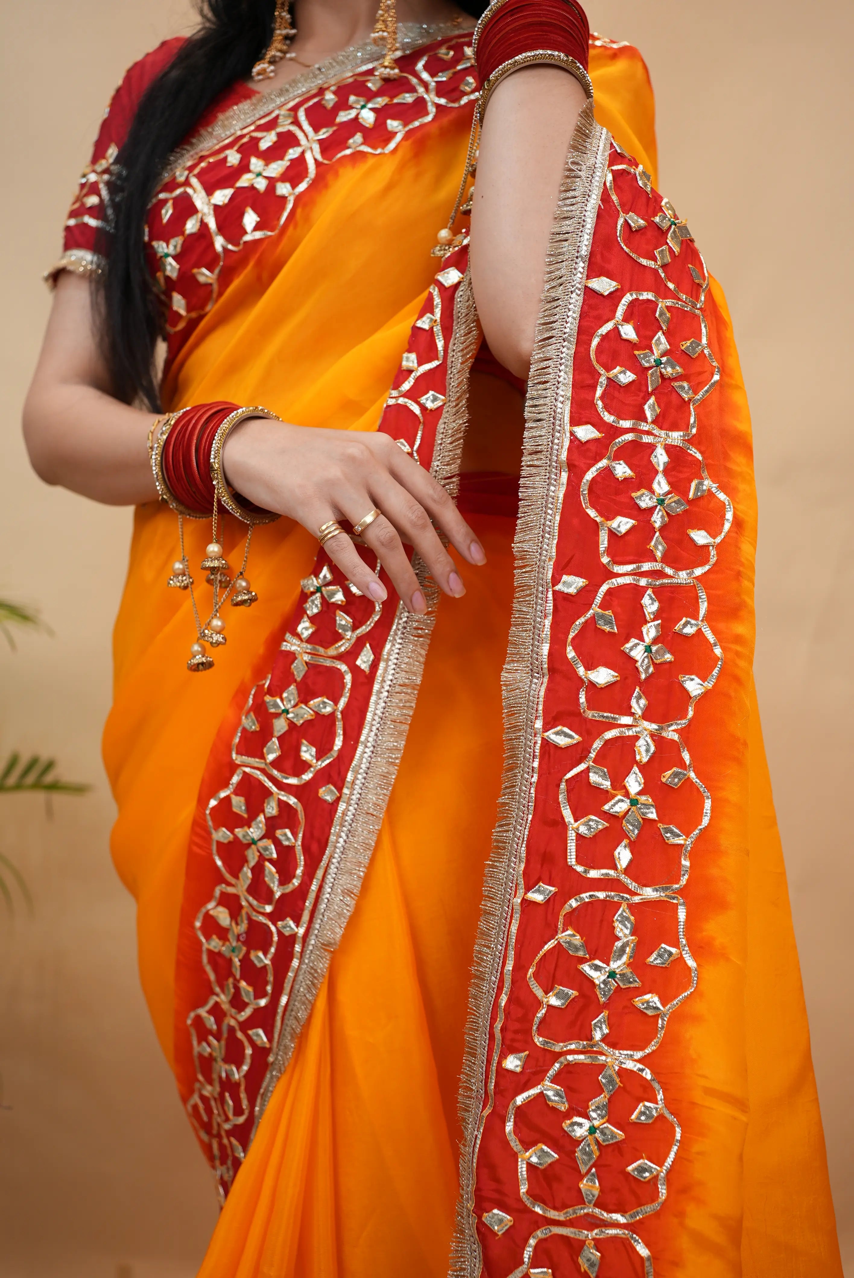 Traditional Gota Patti Handwork Pila Saree (With Blouse)