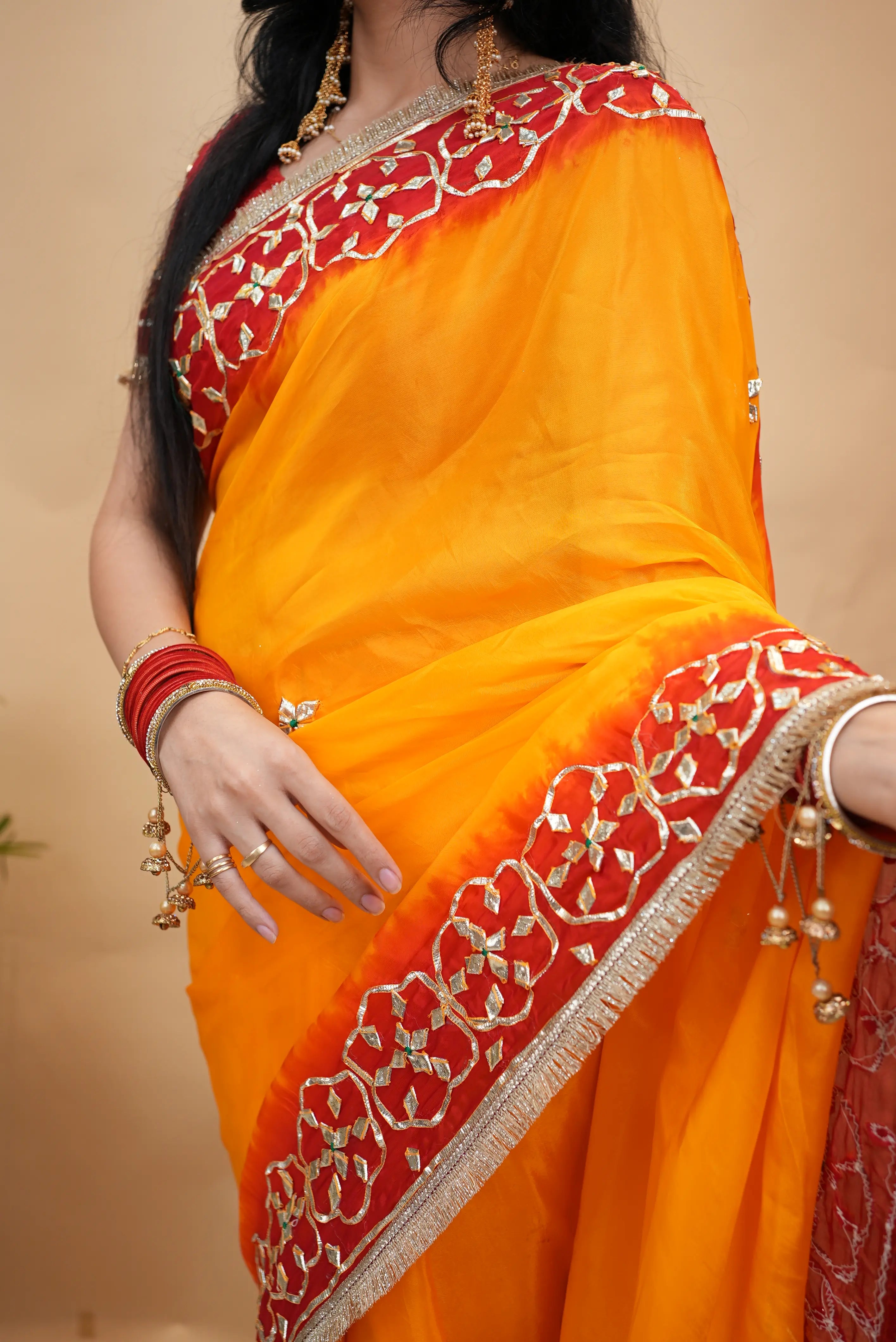 Traditional Gota Patti Handwork Pila Saree (With Blouse)