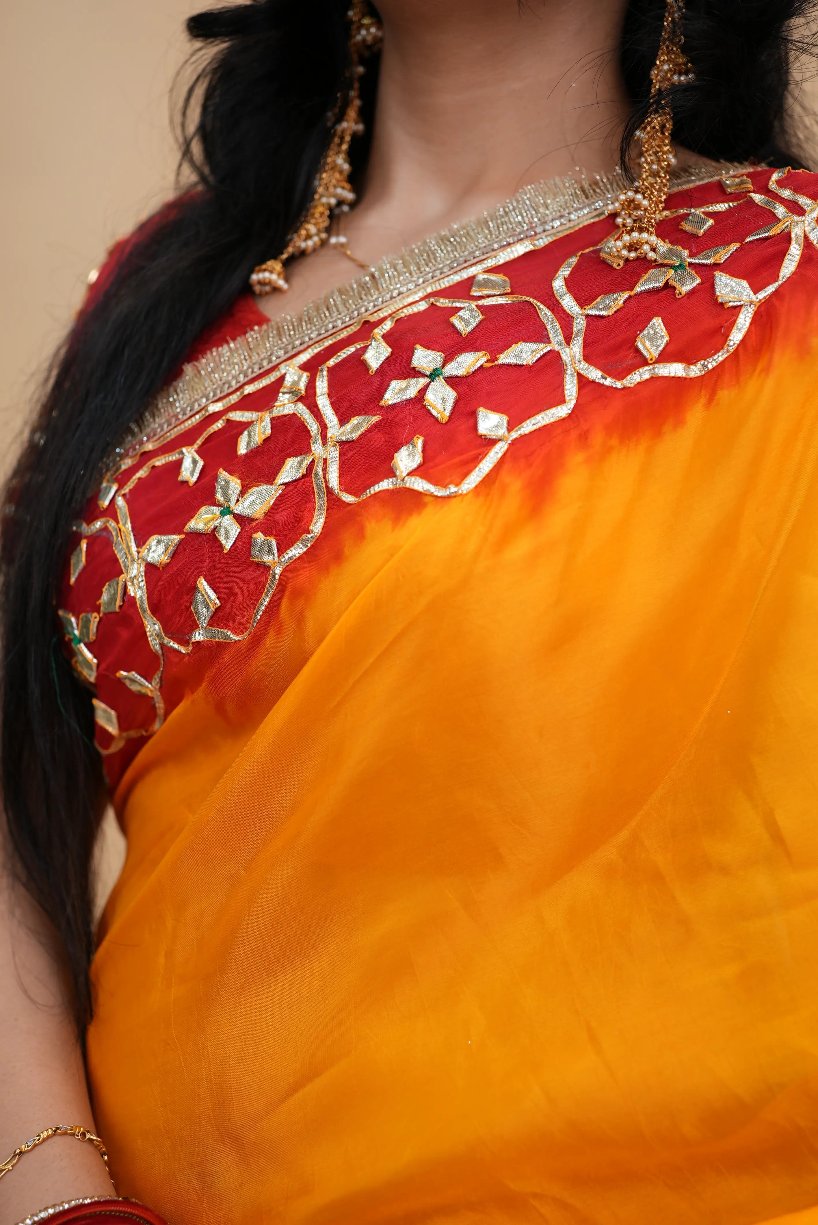 Traditional Gota Patti Handwork Pila Saree (With Blouse)