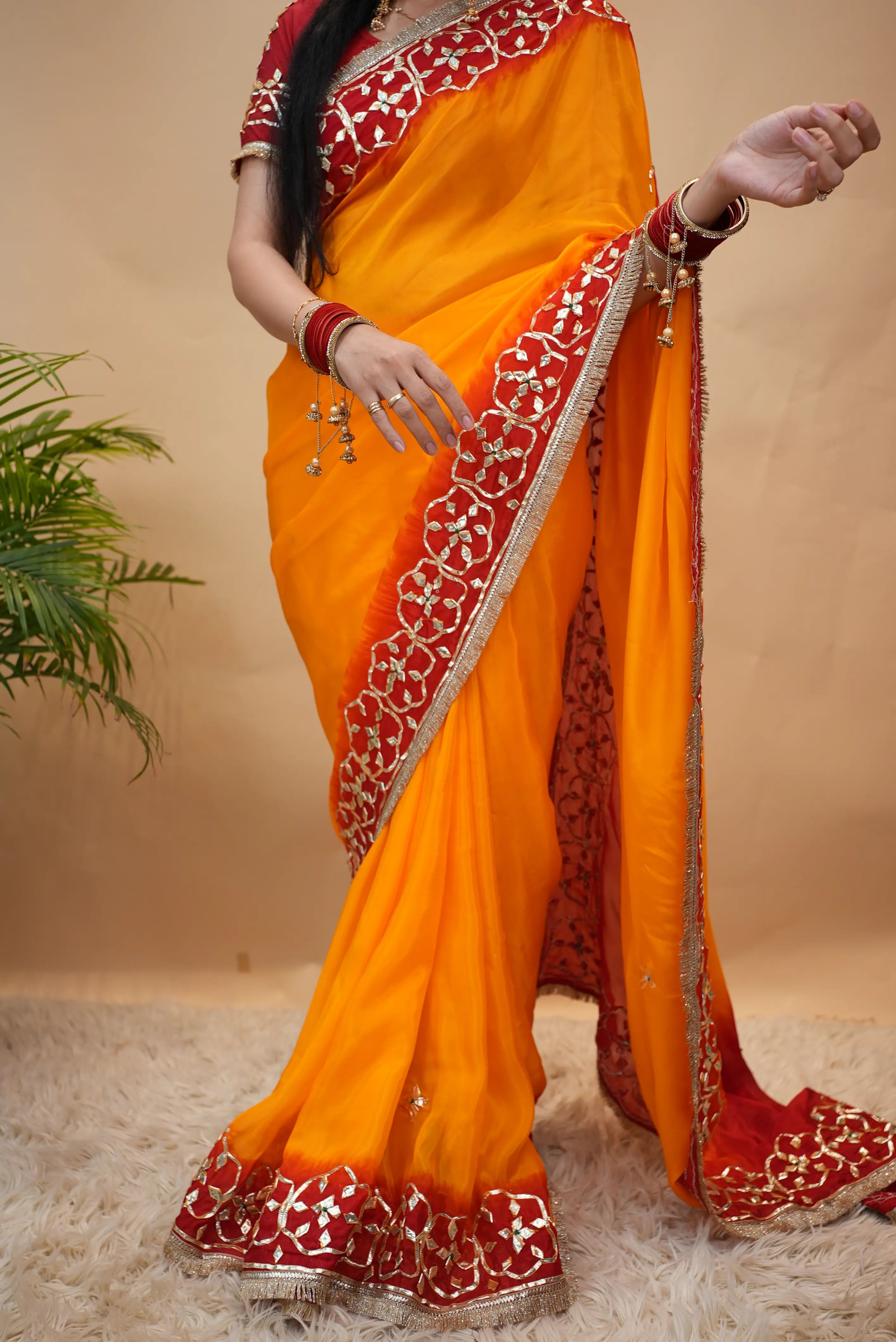Traditional Gota Patti Handwork Pila Saree (With Blouse)
