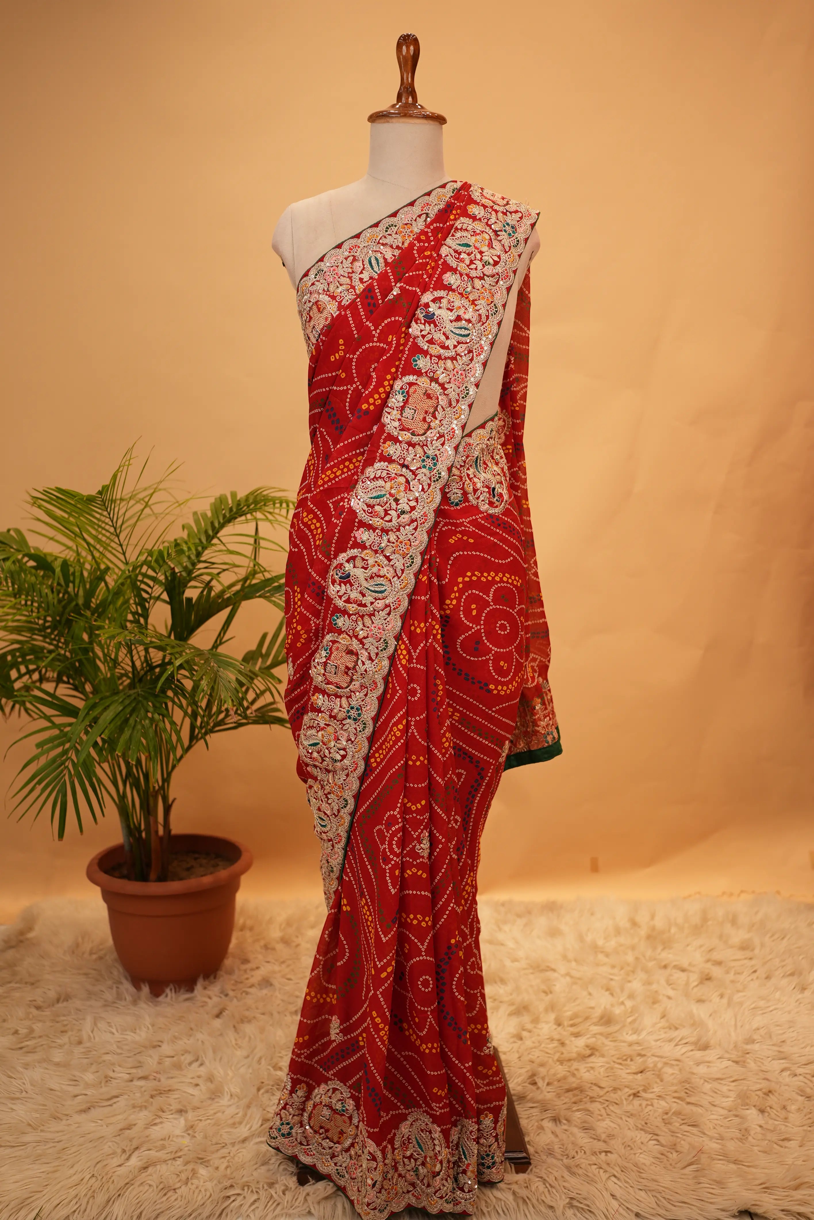 Traditional Rajasthani Bandhani Saree with Heavy Multicolor Aari Taari & Cut Dana Handwork Border