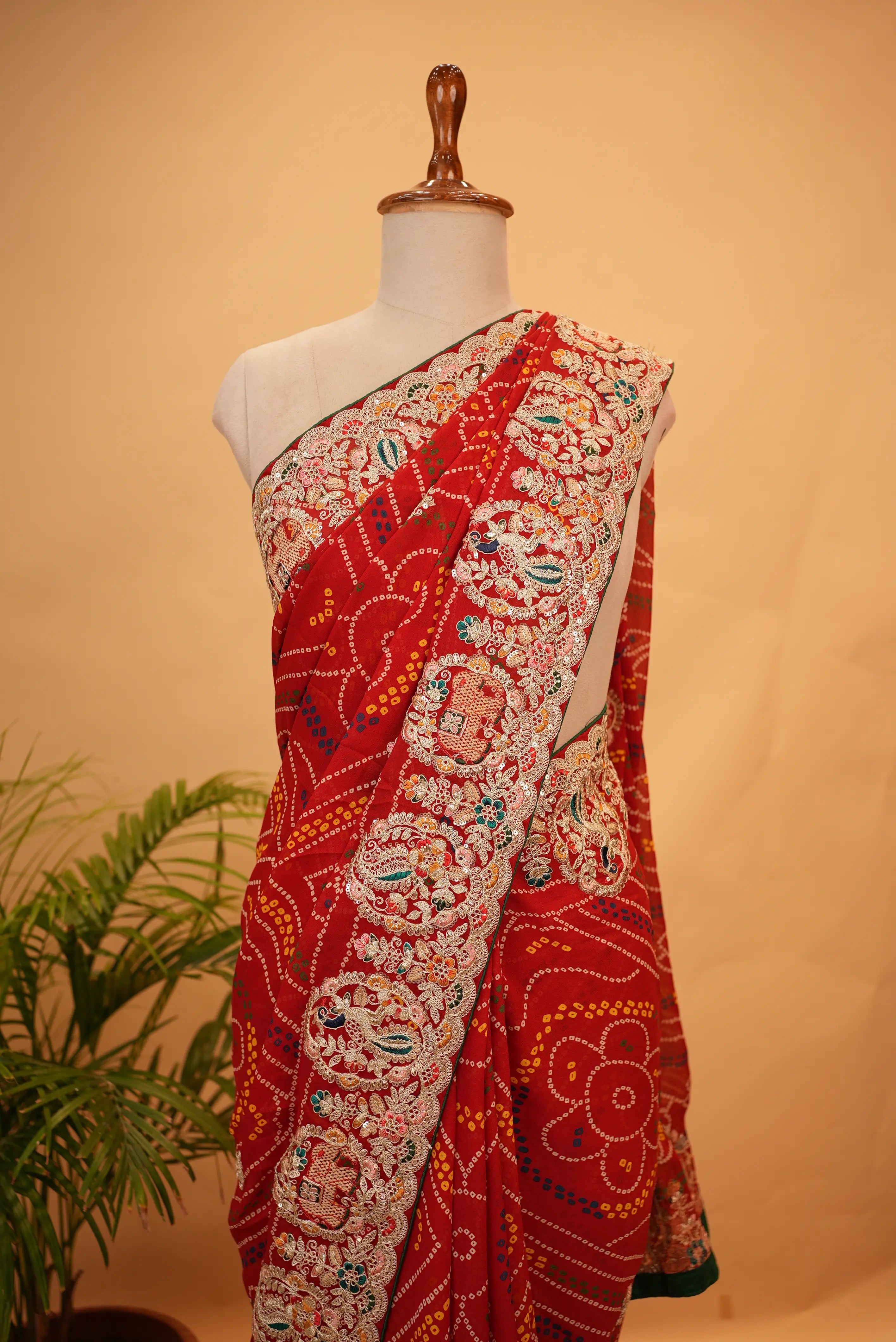 Traditional Rajasthani Bandhani Saree with Heavy Multicolor Aari Taari & Cut Dana Handwork Border