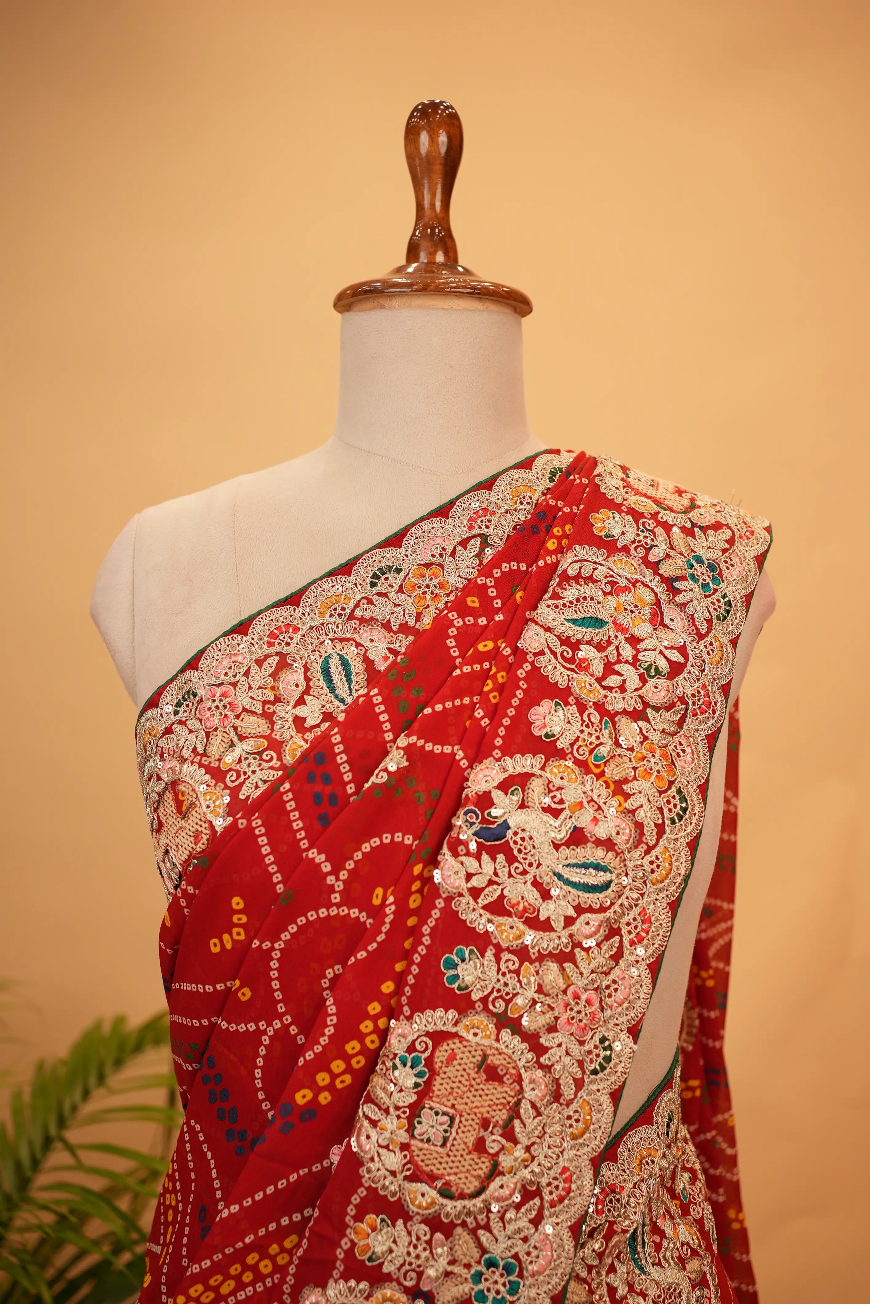 Traditional Rajasthani Bandhani Saree with Heavy Multicolor Aari Taari & Cut Dana Handwork Border
