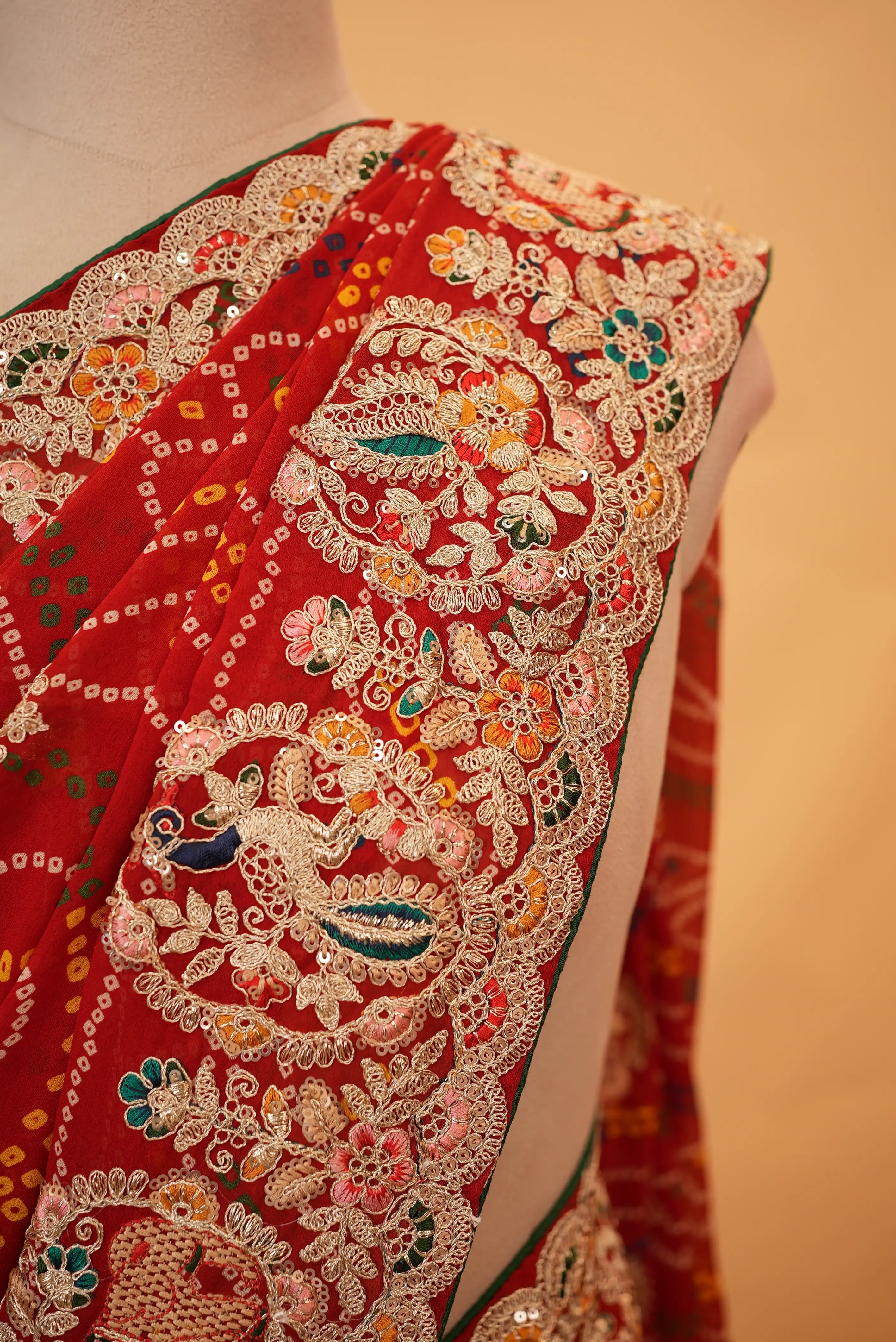 Traditional Rajasthani Bandhani Saree with Heavy Multicolor Aari Taari & Cut Dana Handwork Border