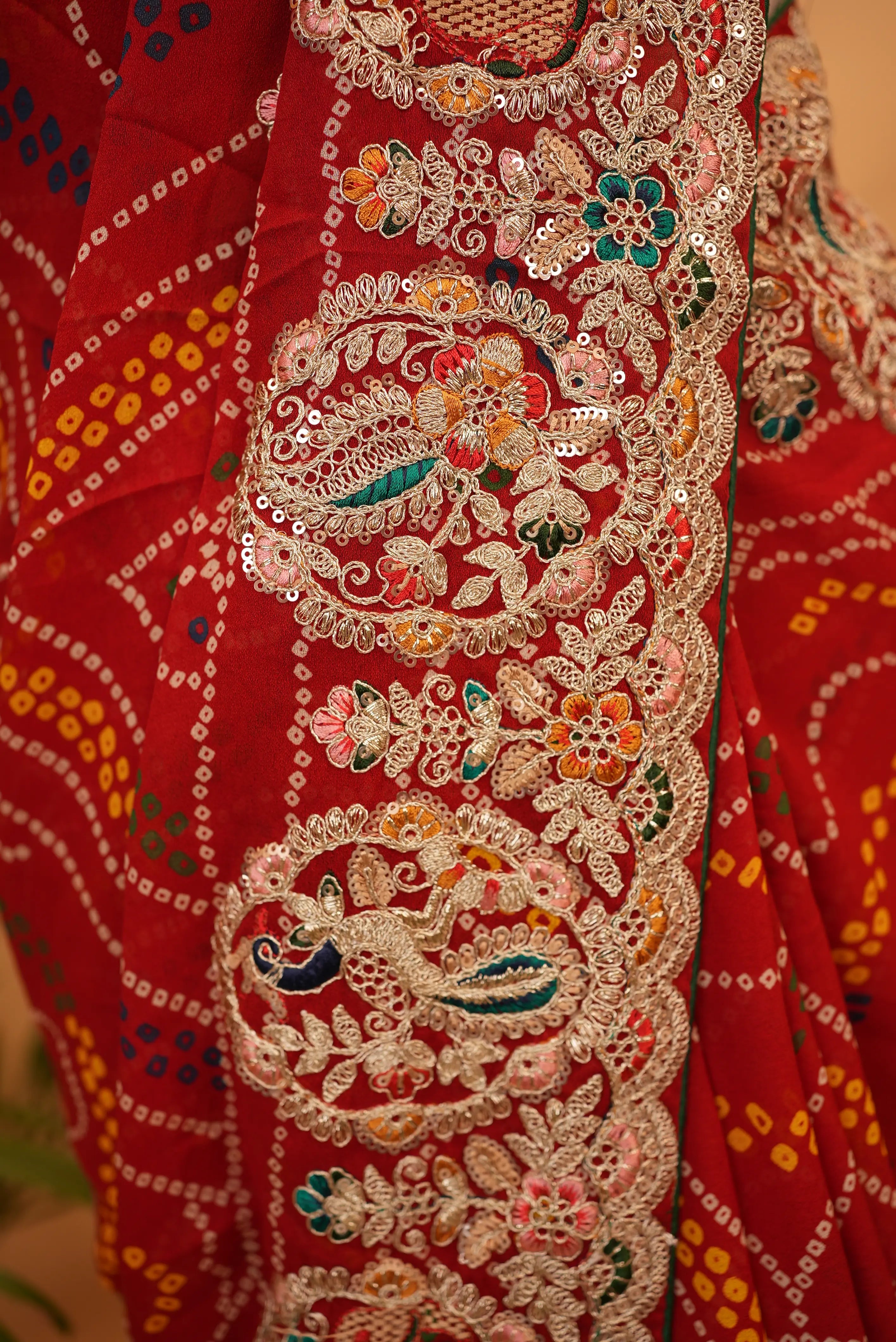 Traditional Rajasthani Bandhani Saree with Heavy Multicolor Aari Taari & Cut Dana Handwork Border