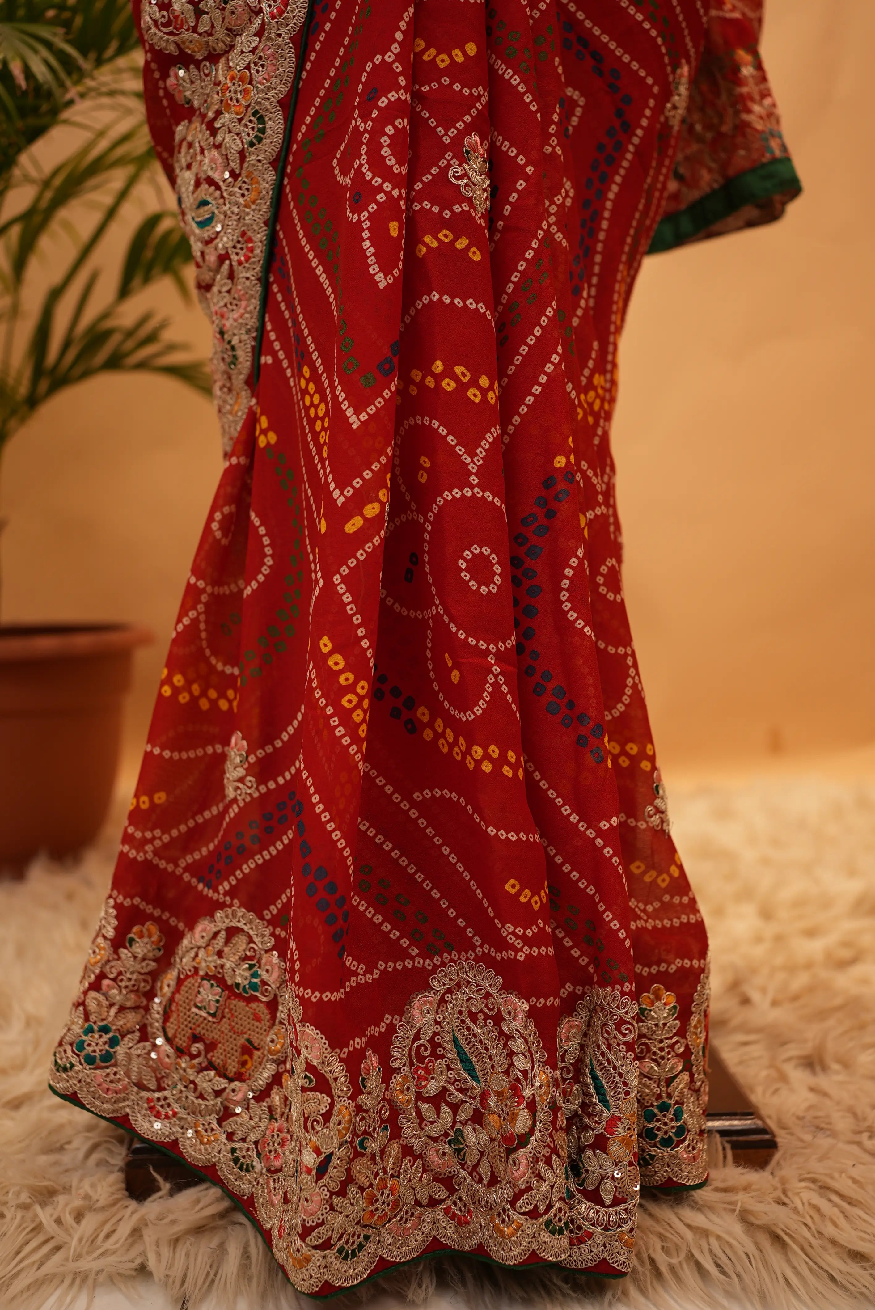 Traditional Rajasthani Bandhani Saree with Heavy Multicolor Aari Taari & Cut Dana Handwork Border