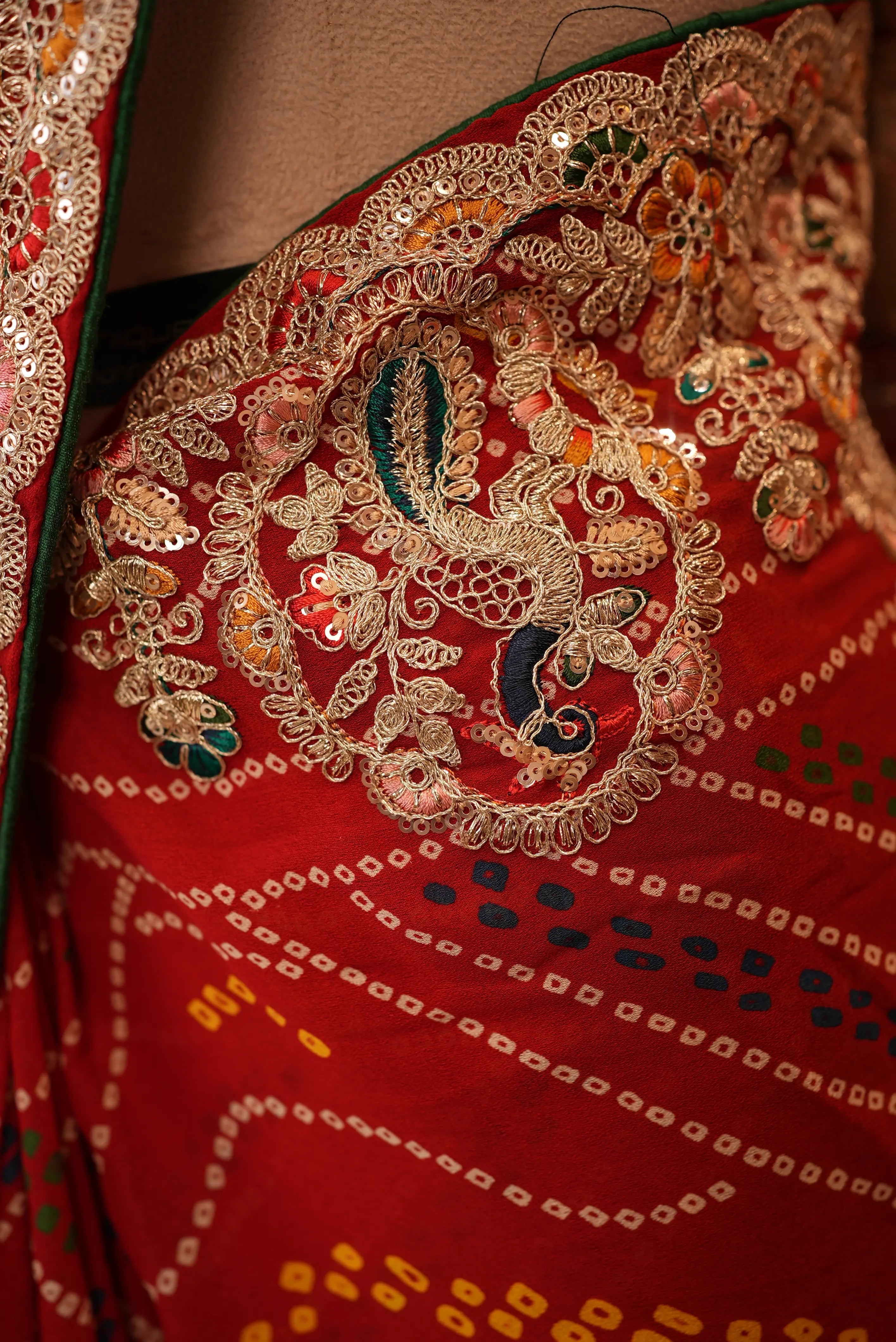 Traditional Rajasthani Bandhani Saree with Heavy Multicolor Aari Taari & Cut Dana Handwork Border