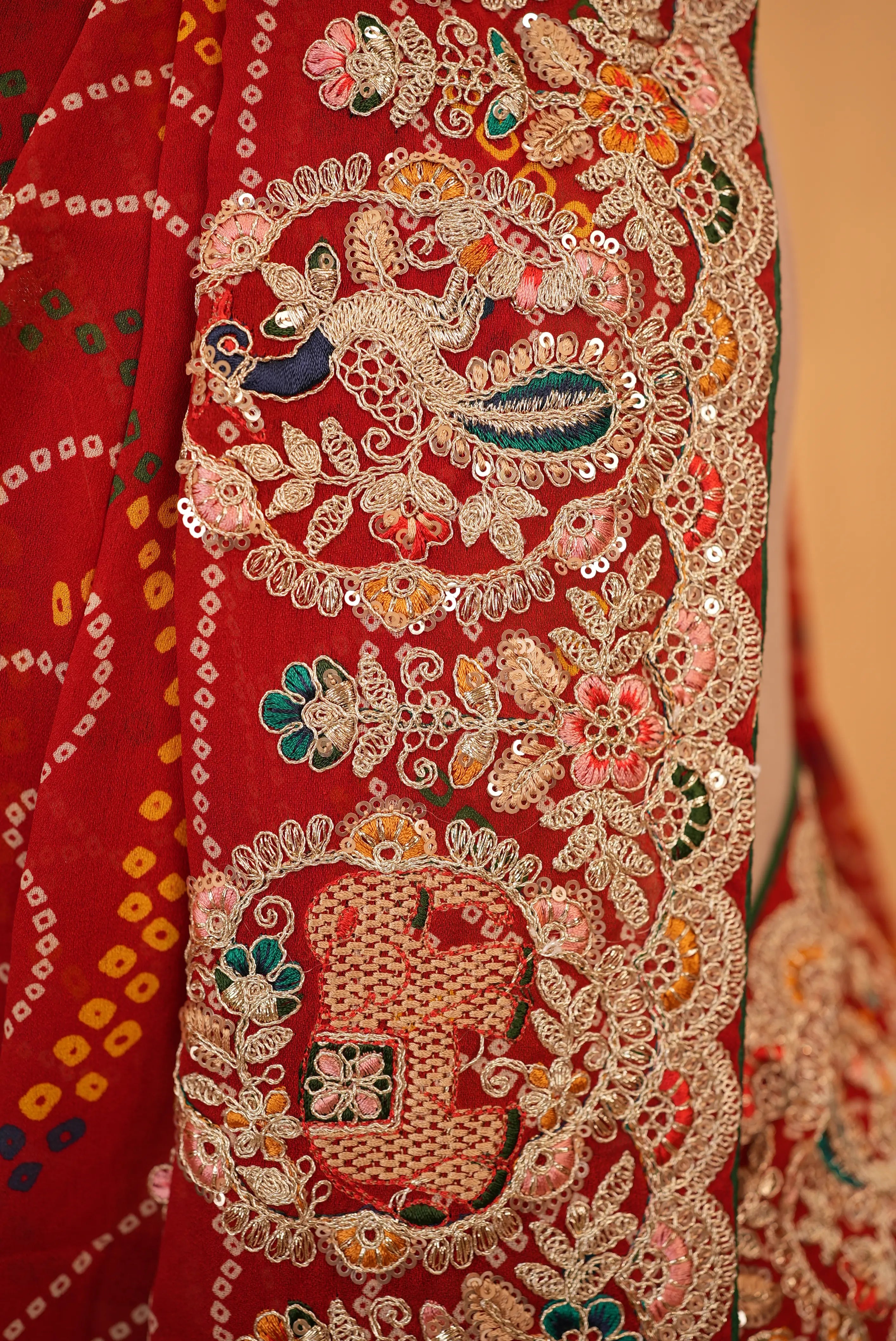 Traditional Rajasthani Bandhani Saree with Heavy Multicolor Aari Taari & Cut Dana Handwork Border