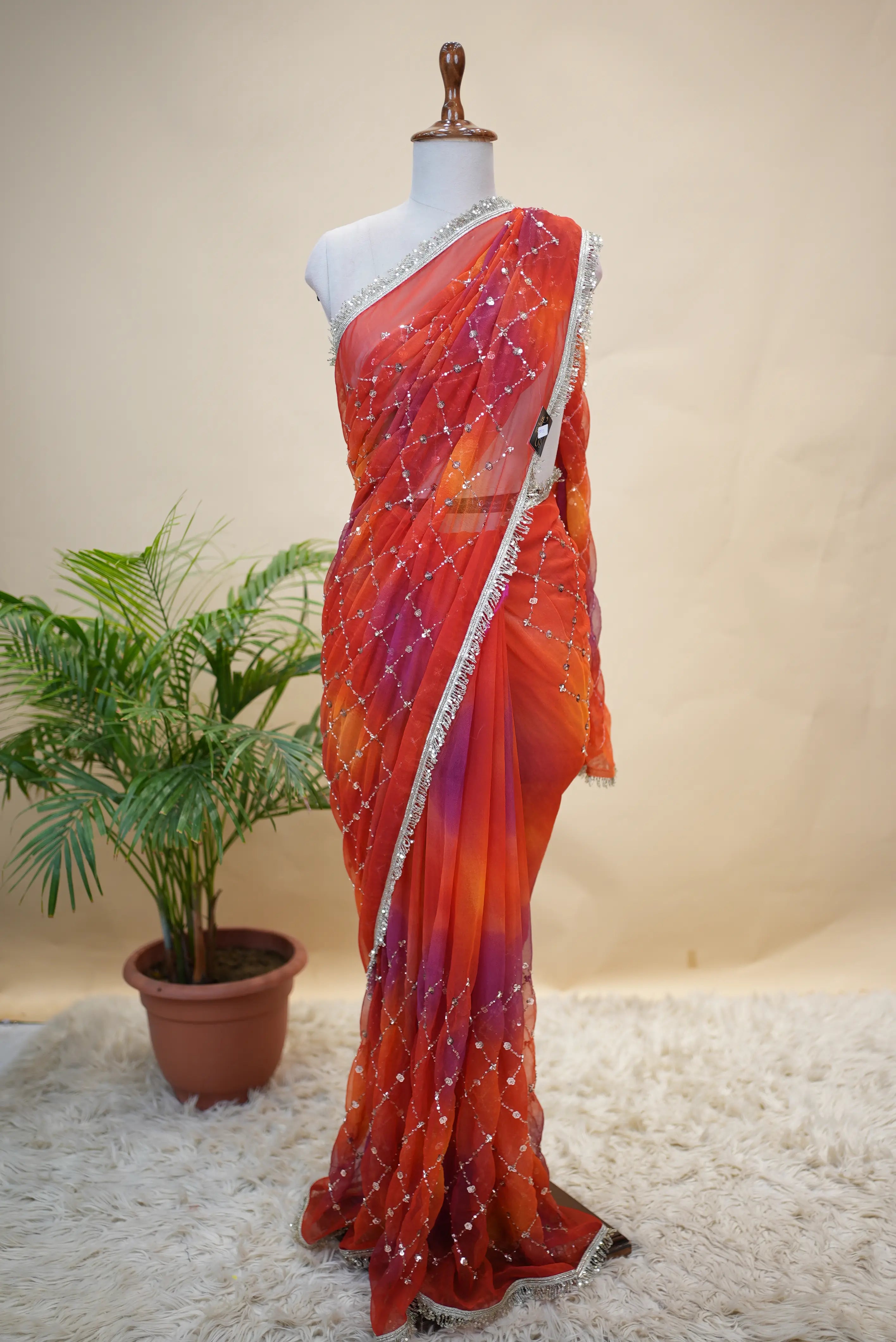 Multishade Heavy Jaal Pattern Darbari Saree With Sequence Aari & Cut Dana Work (With Blouse)