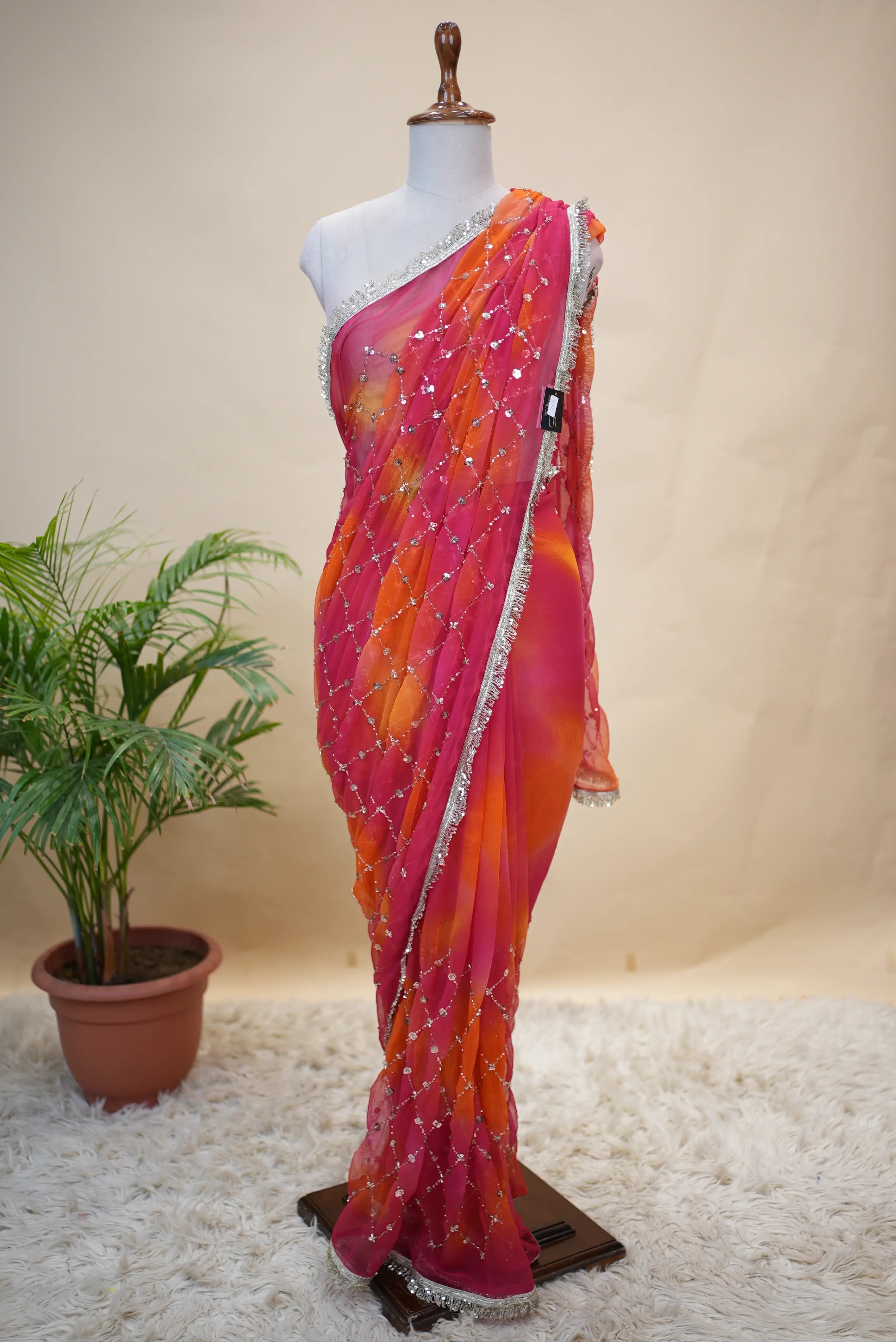 Multishade Heavy Jaal Pattern Darbari Saree With Sequence Aari & Cut Dana Work (With Blouse)