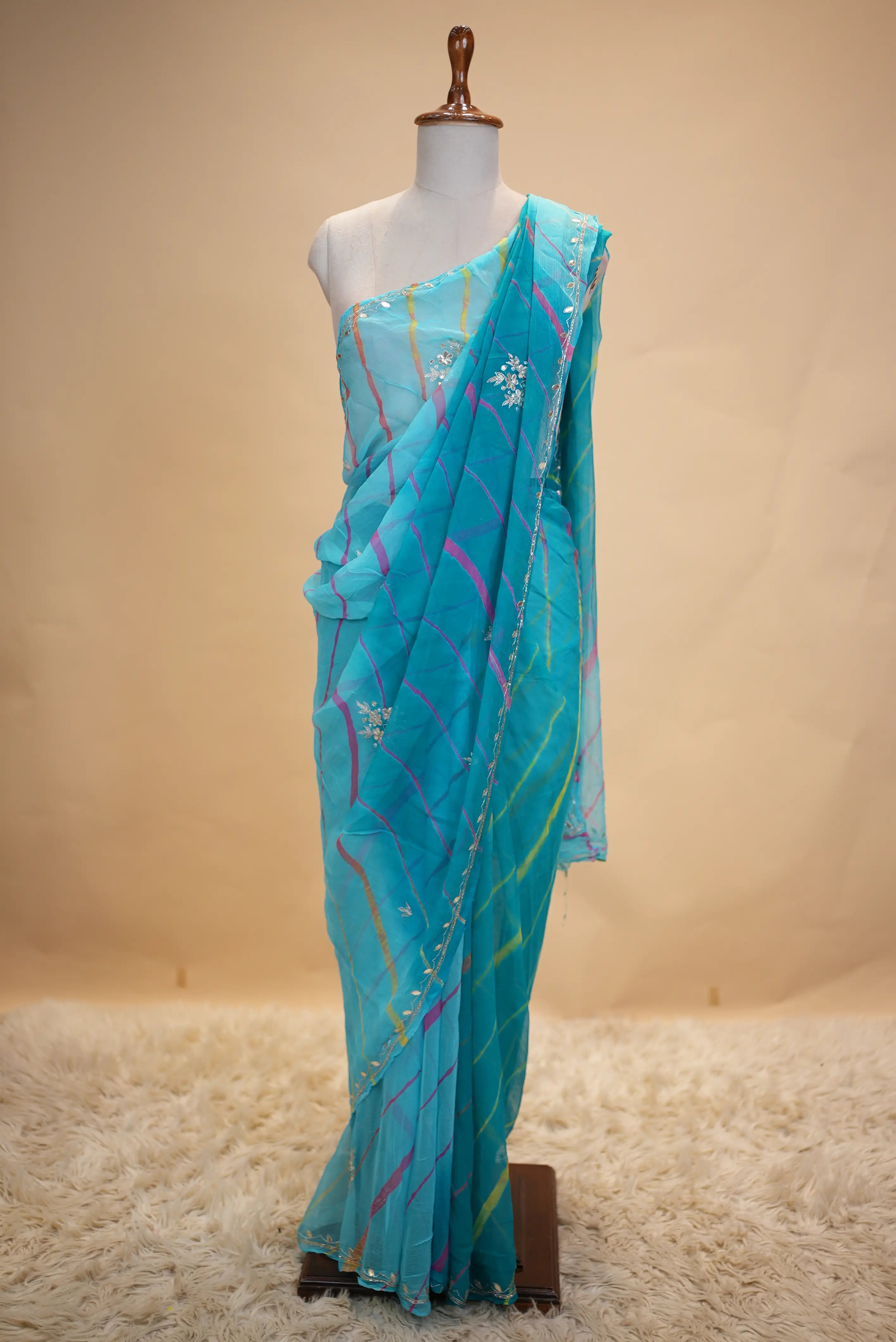 Chiffon Fabric Leheriya Multishade Saree with Cut Dana Handwork (With Blouse)