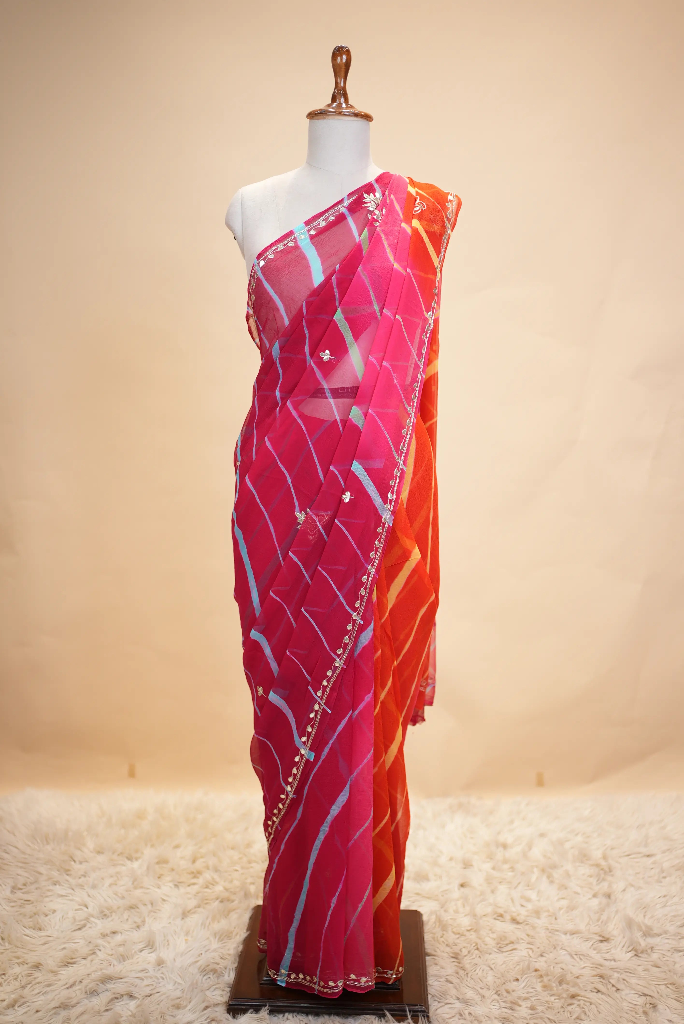Chiffon Fabric Leheriya Multishade Saree with Cut Dana Handwork (With Blouse)