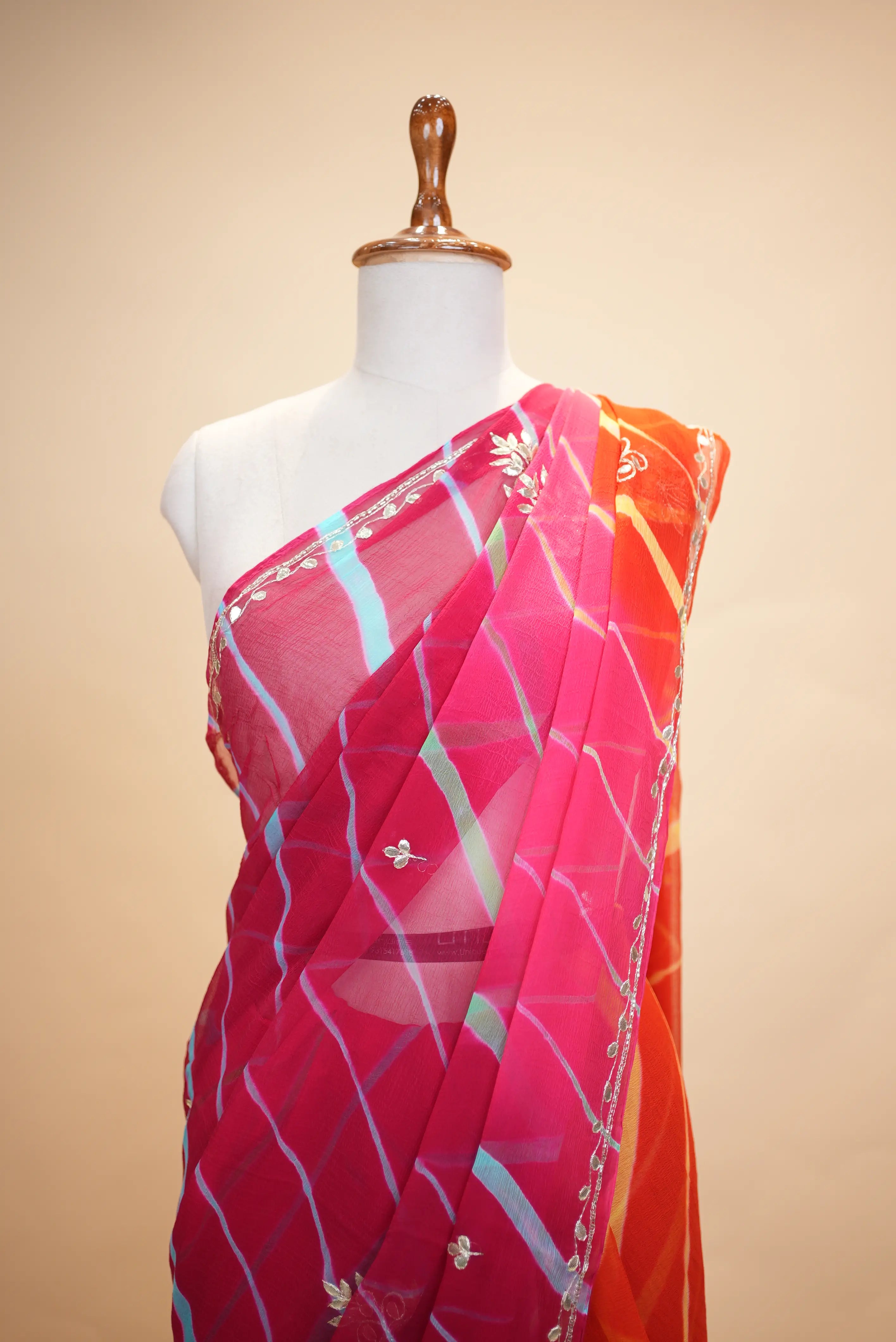 Chiffon Fabric Leheriya Multishade Saree with Cut Dana Handwork (With Blouse)