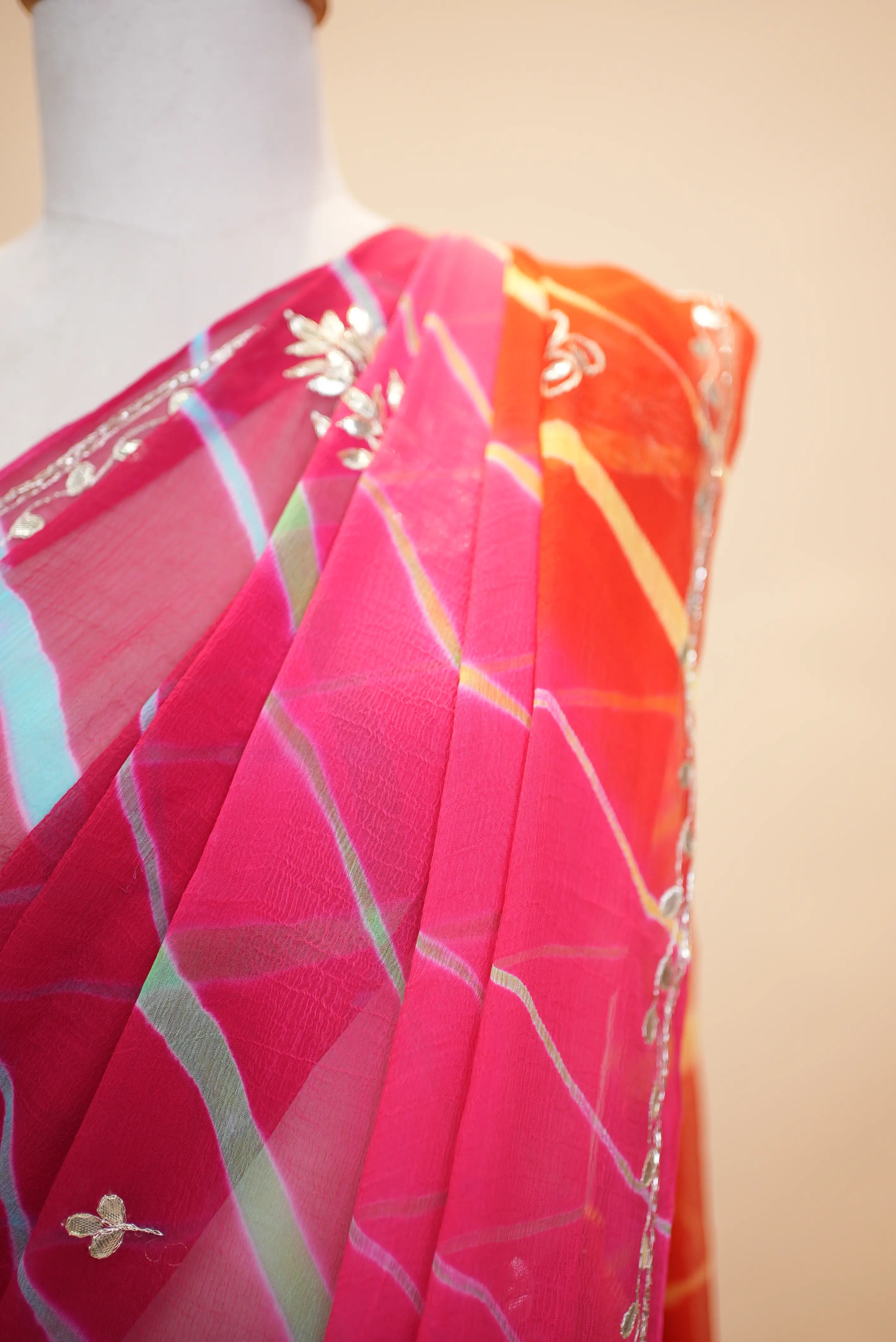 Chiffon Fabric Leheriya Multishade Saree with Cut Dana Handwork (With Blouse)