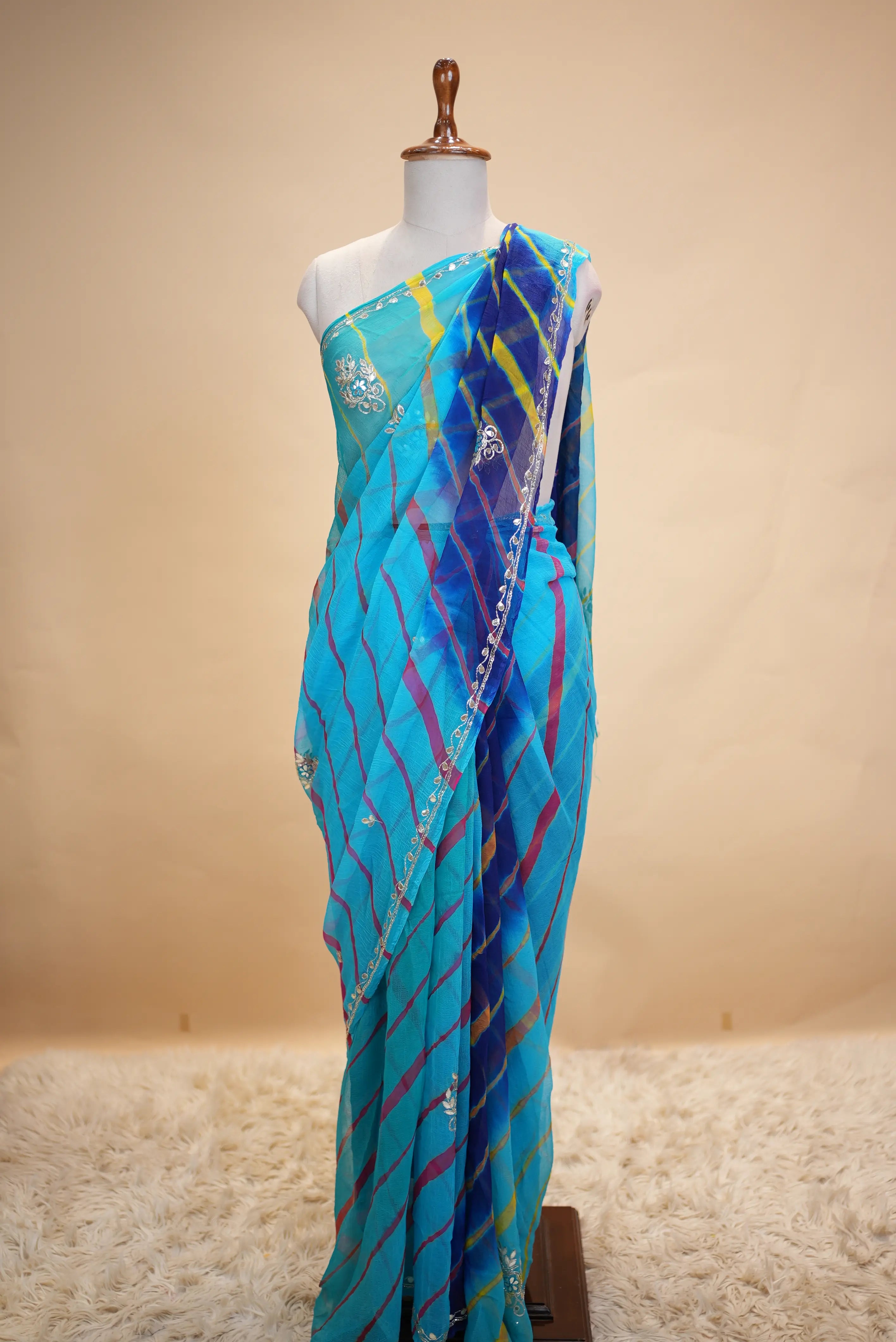 Chiffon Fabric Leheriya Multishade Saree with Cut Dana Handwork (With Blouse)