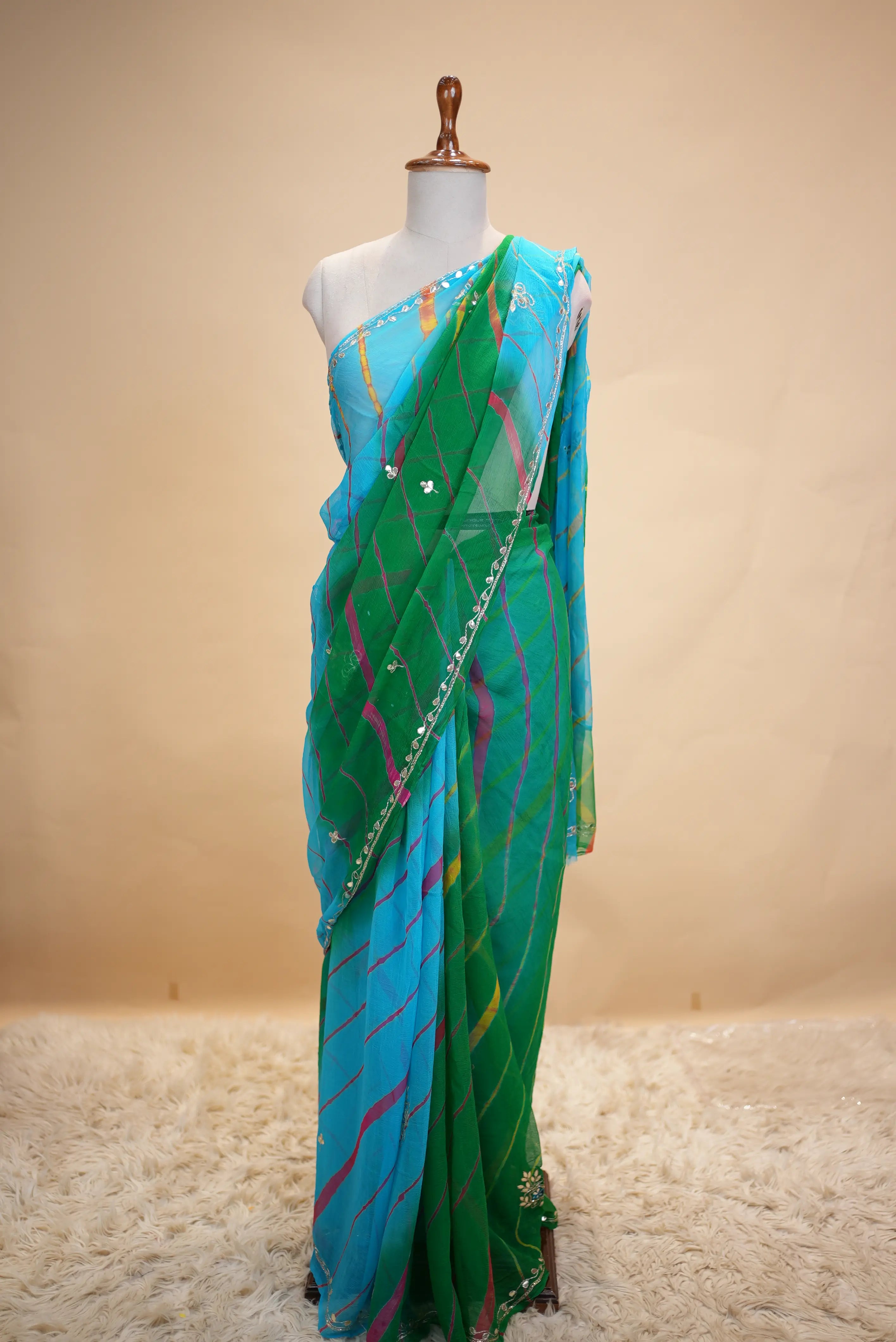 Chiffon Fabric Leheriya Multishade Saree with Cut Dana Handwork (With Blouse)