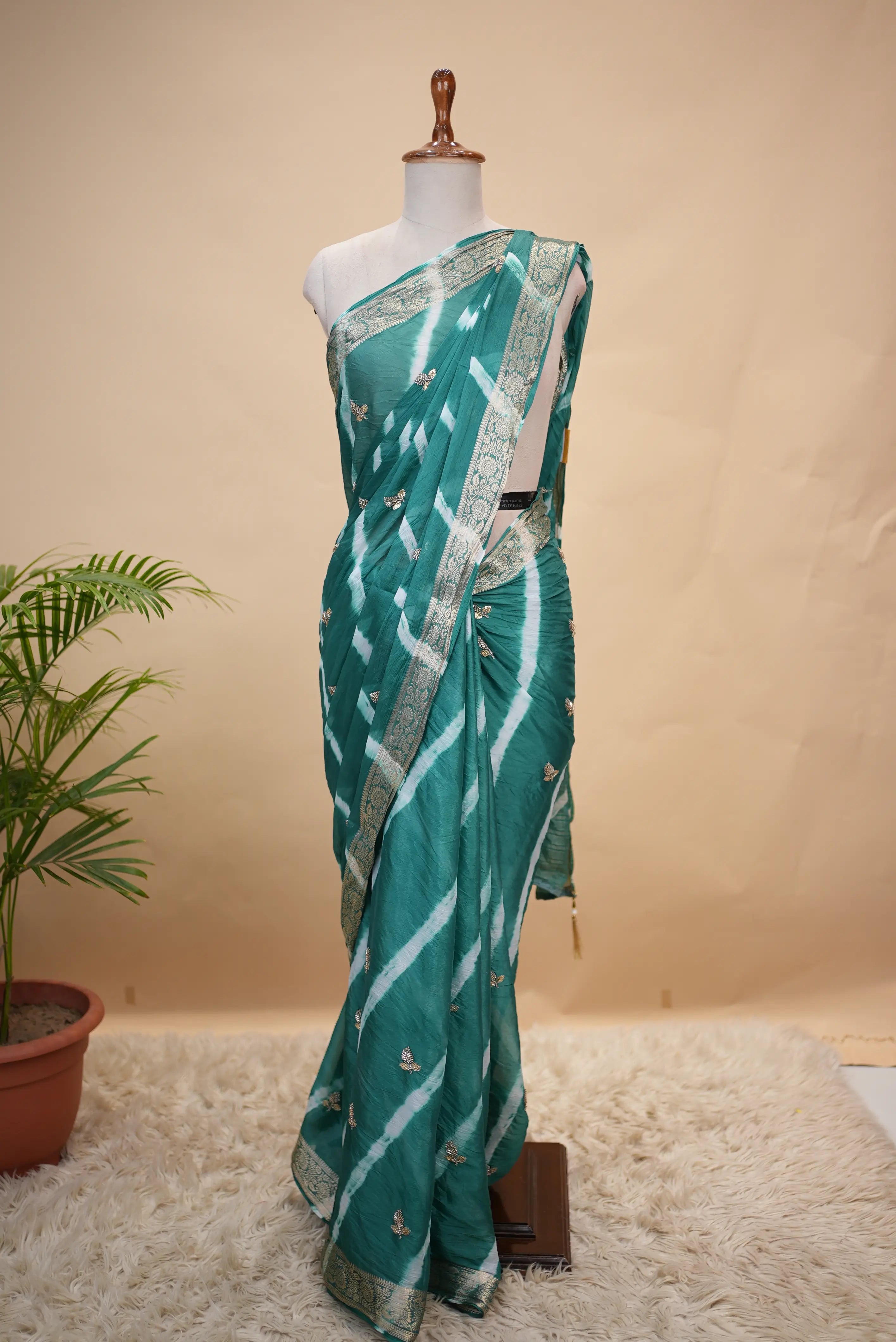 Zari Border Leheriya Saree with Sequence & Beads Work Buti Pattern (With Blouse)