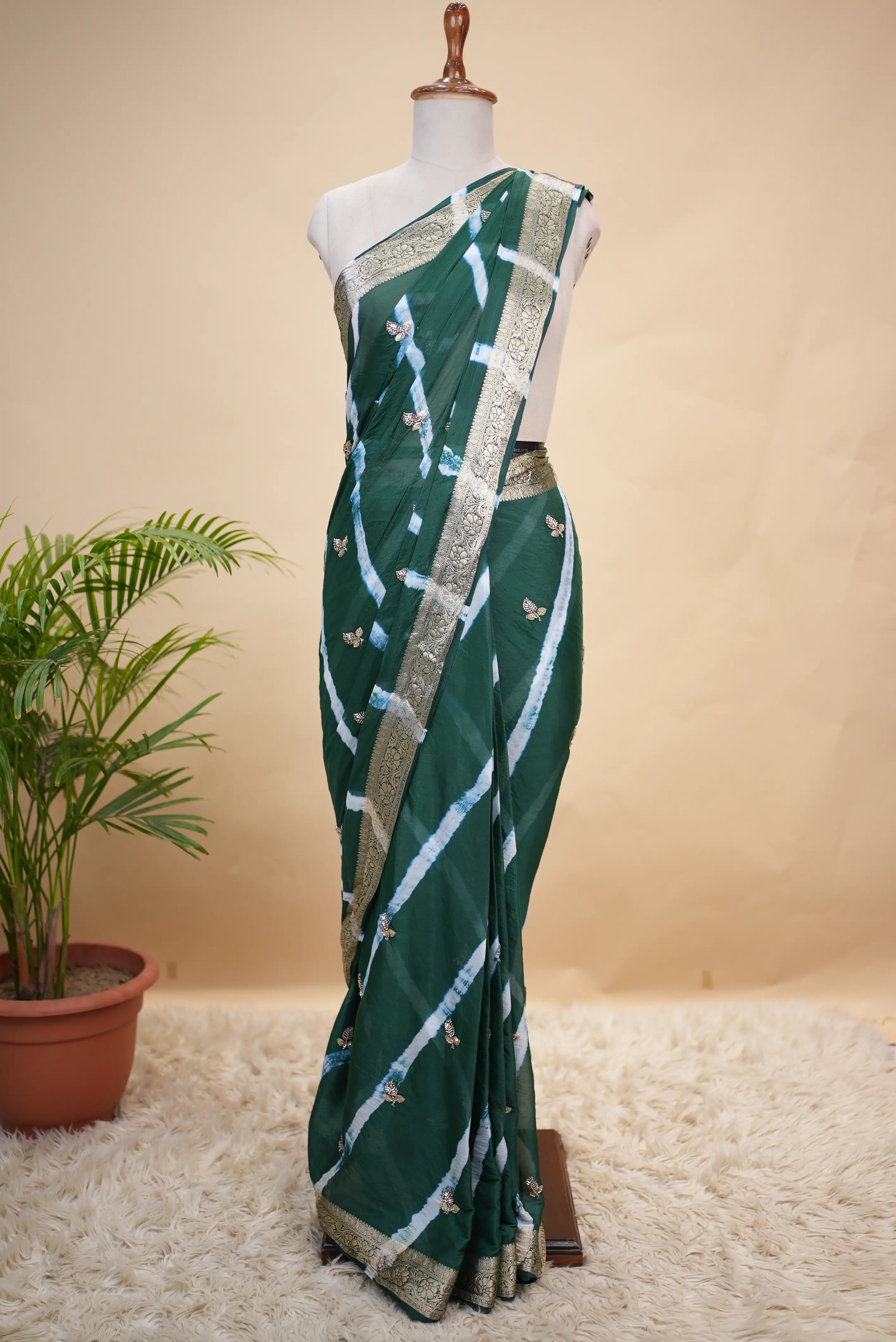 Zari Border Leheriya Saree with Sequence & Beads Work Buti Pattern (With Blouse)