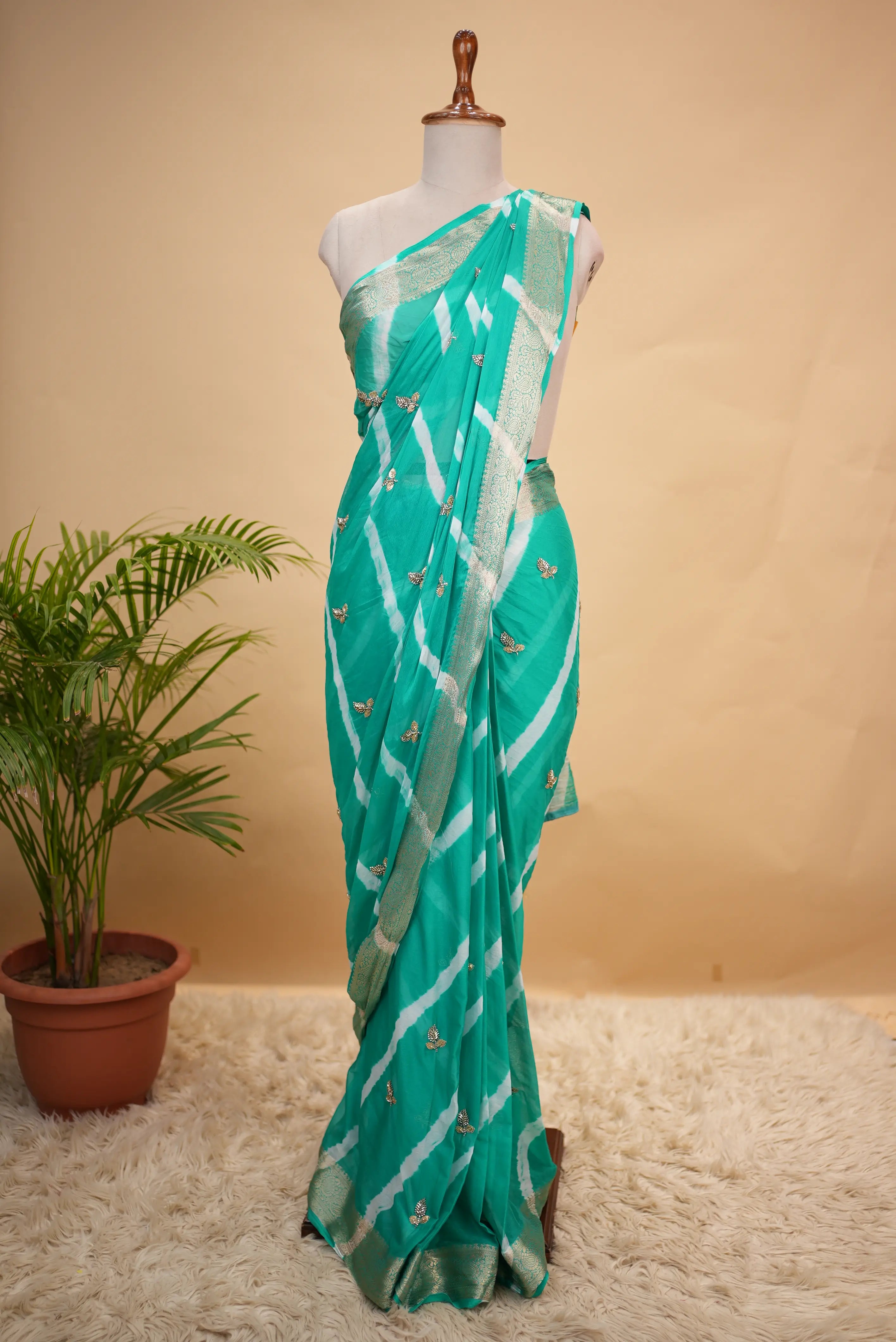 Zari Border Leheriya Saree with Sequence & Beads Work Buti Pattern (With Blouse)