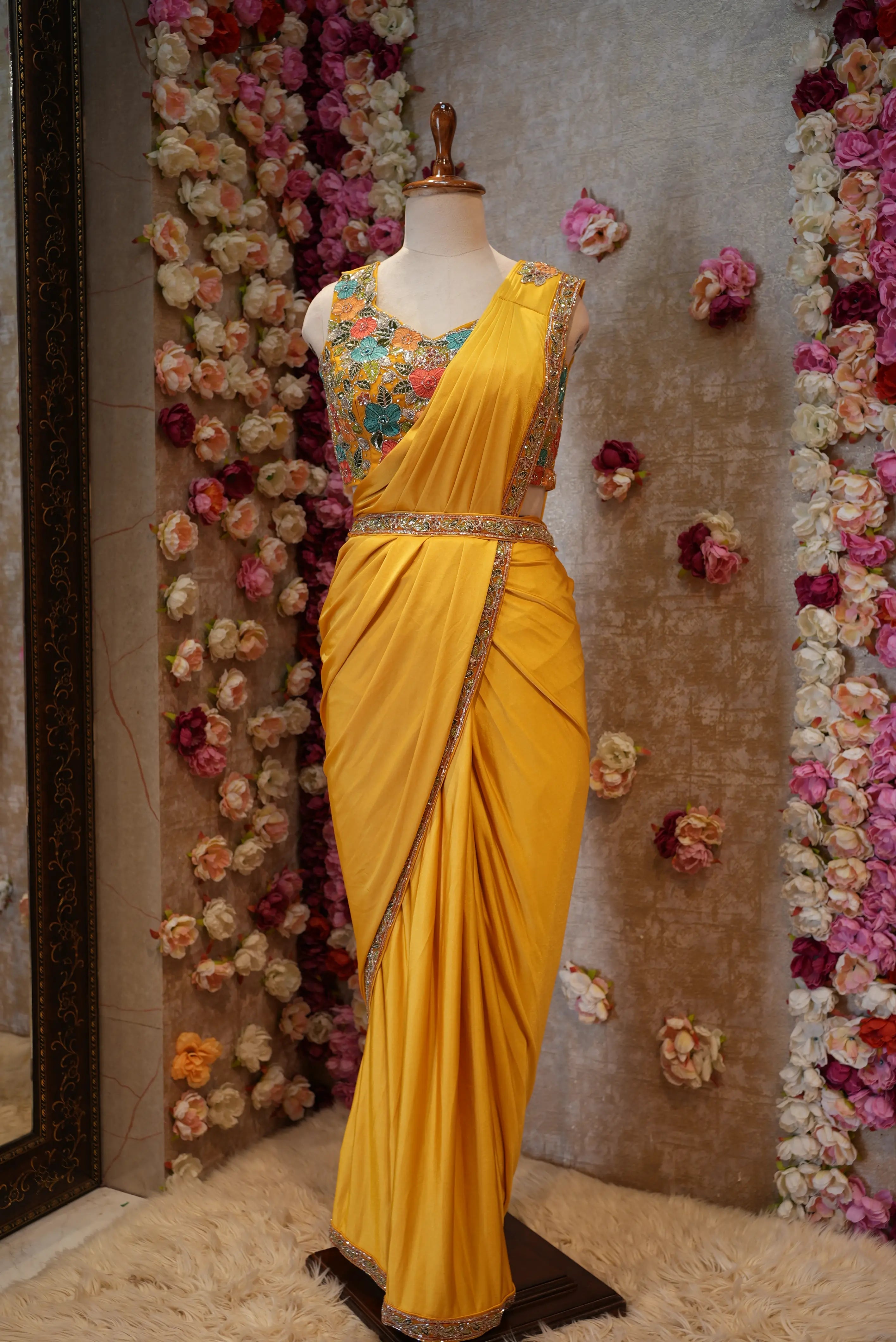 Pre-Pleated Lycra Saree with Stitched Blouse, Thread & Cutdana Work