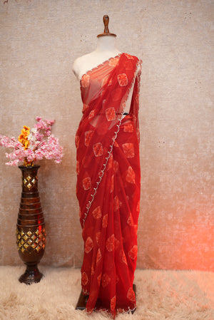 CHIFFON FABRIC WASHABLE HANDWORK SAREE WITH BANDHEJ & CUTWORK BORDER (WITH BLOUSE) ##SR557