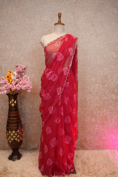 CHIFFON FABRIC WASHABLE HANDWORK SAREE WITH BANDHEJ & CUTWORK BORDER (WITH BLOUSE) ##SR557