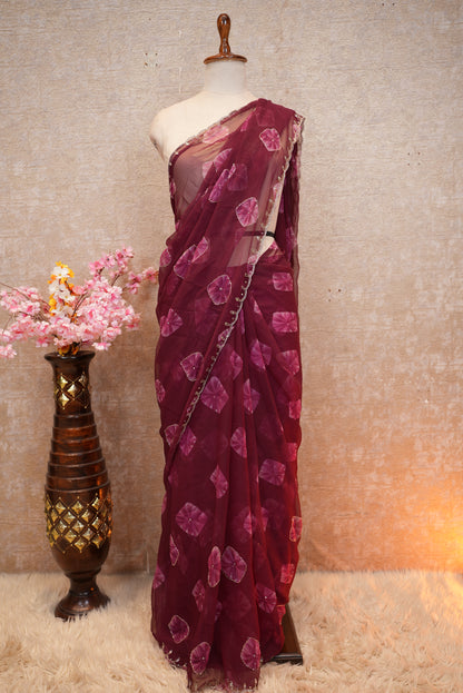 CHIFFON FABRIC WASHABLE HANDWORK SAREE WITH BANDHEJ & CUTWORK BORDER (WITH BLOUSE) ##SR557