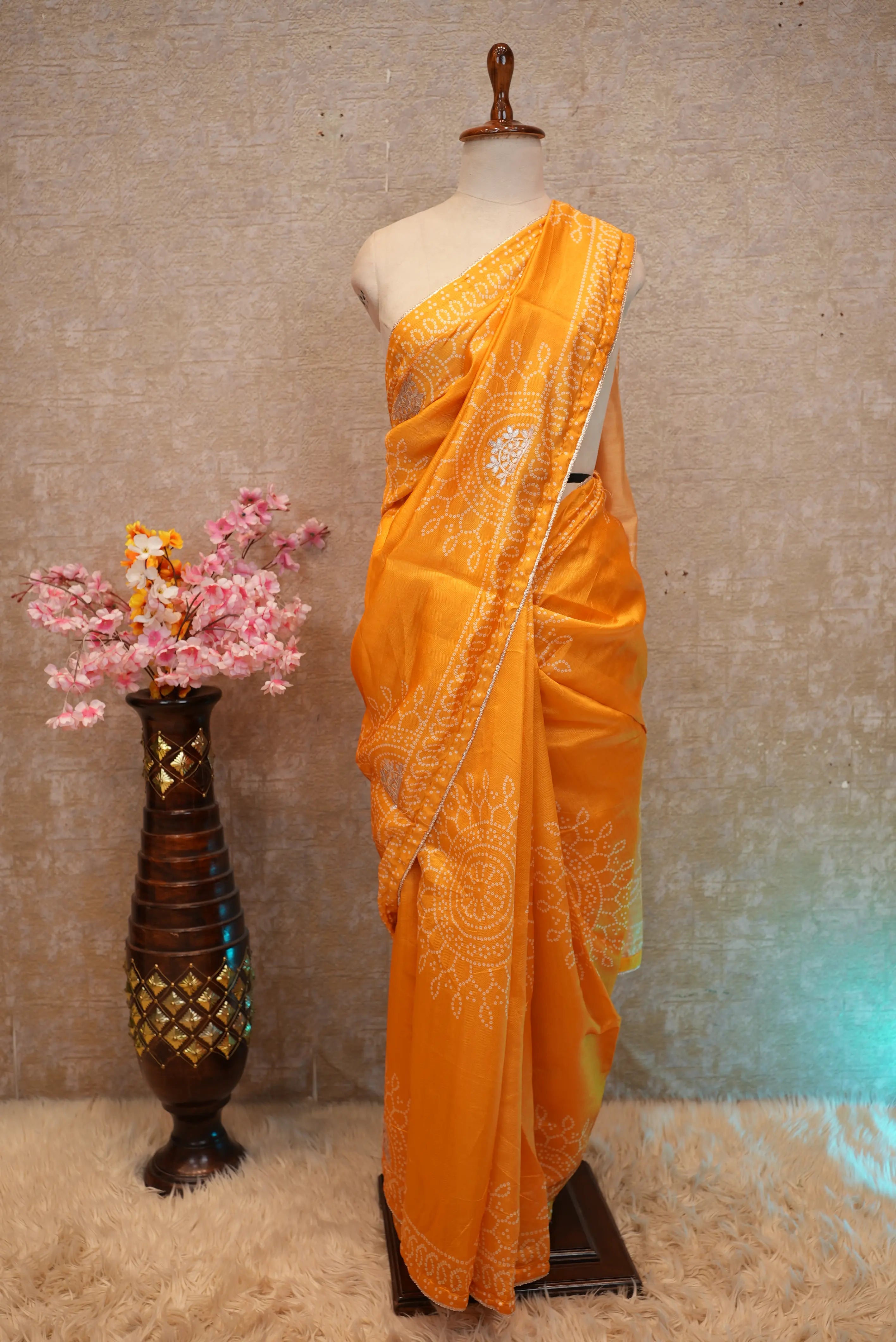 Pure Fabiana Bandhej Saree with Gota Patti Work (With Running Blouse)