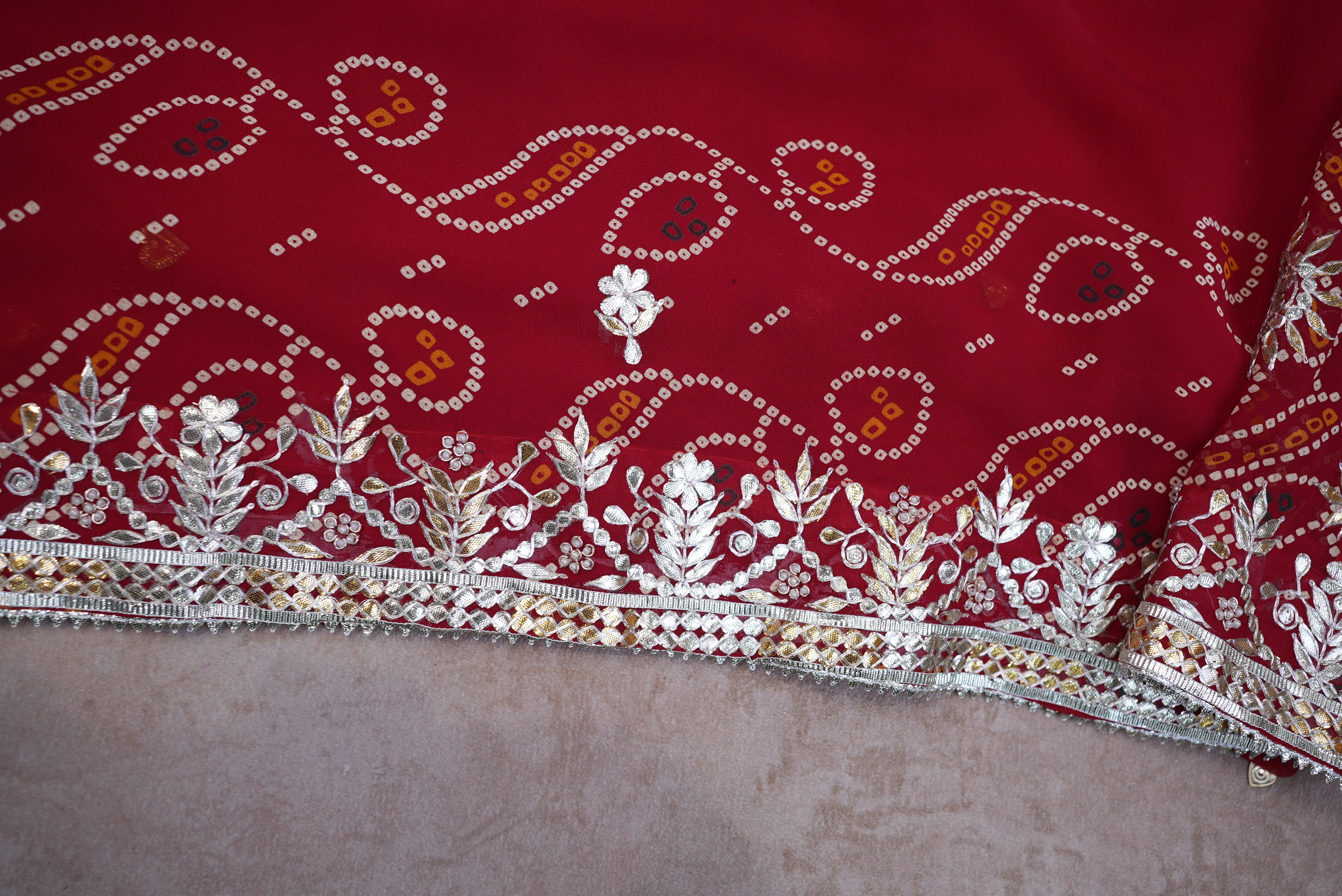 Rajasthani Tradtional Bandhani Pila Saree With Zero Gota Patti Handwork