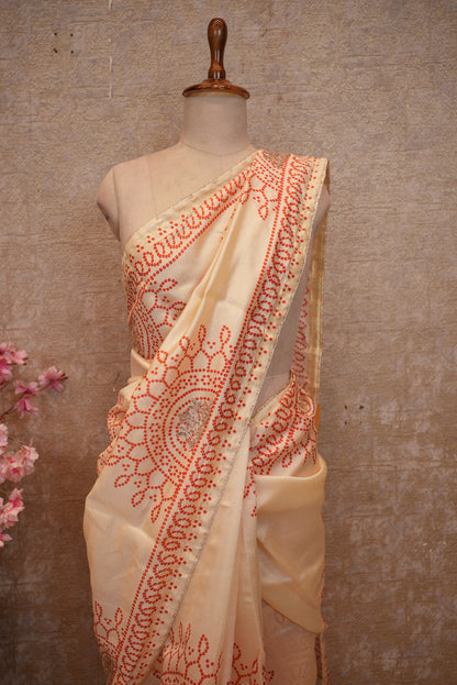 PURE FABIANA FANCY BANDHEJ WITH GOTA PATTI WORK (WITH RUNING BLOUSE)  ##SR556