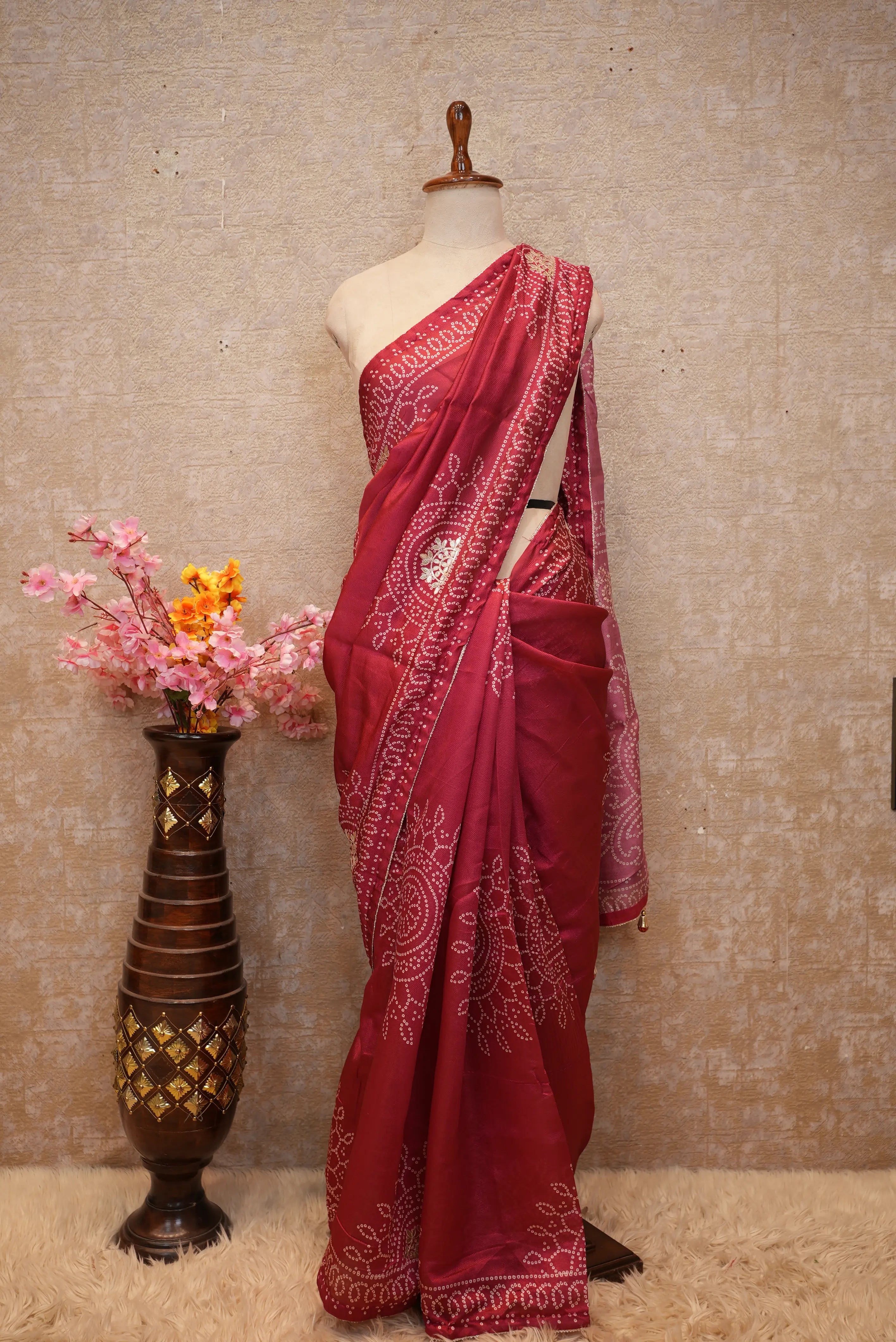 Pure Fabiana Bandhej Saree with Gota Patti Work (With Running Blouse)