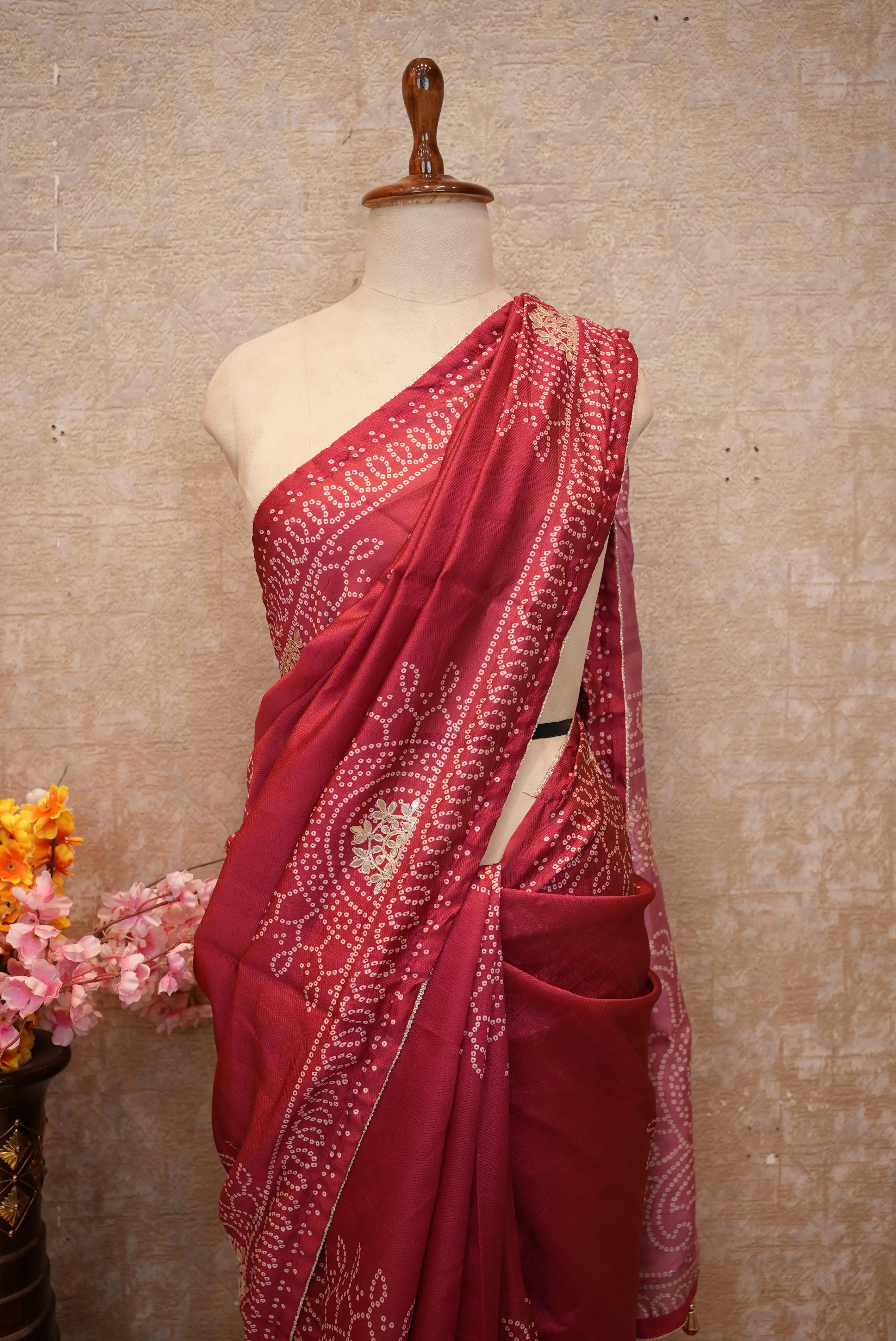 Pure Fabiana Bandhej Saree with Gota Patti Work (With Running Blouse)