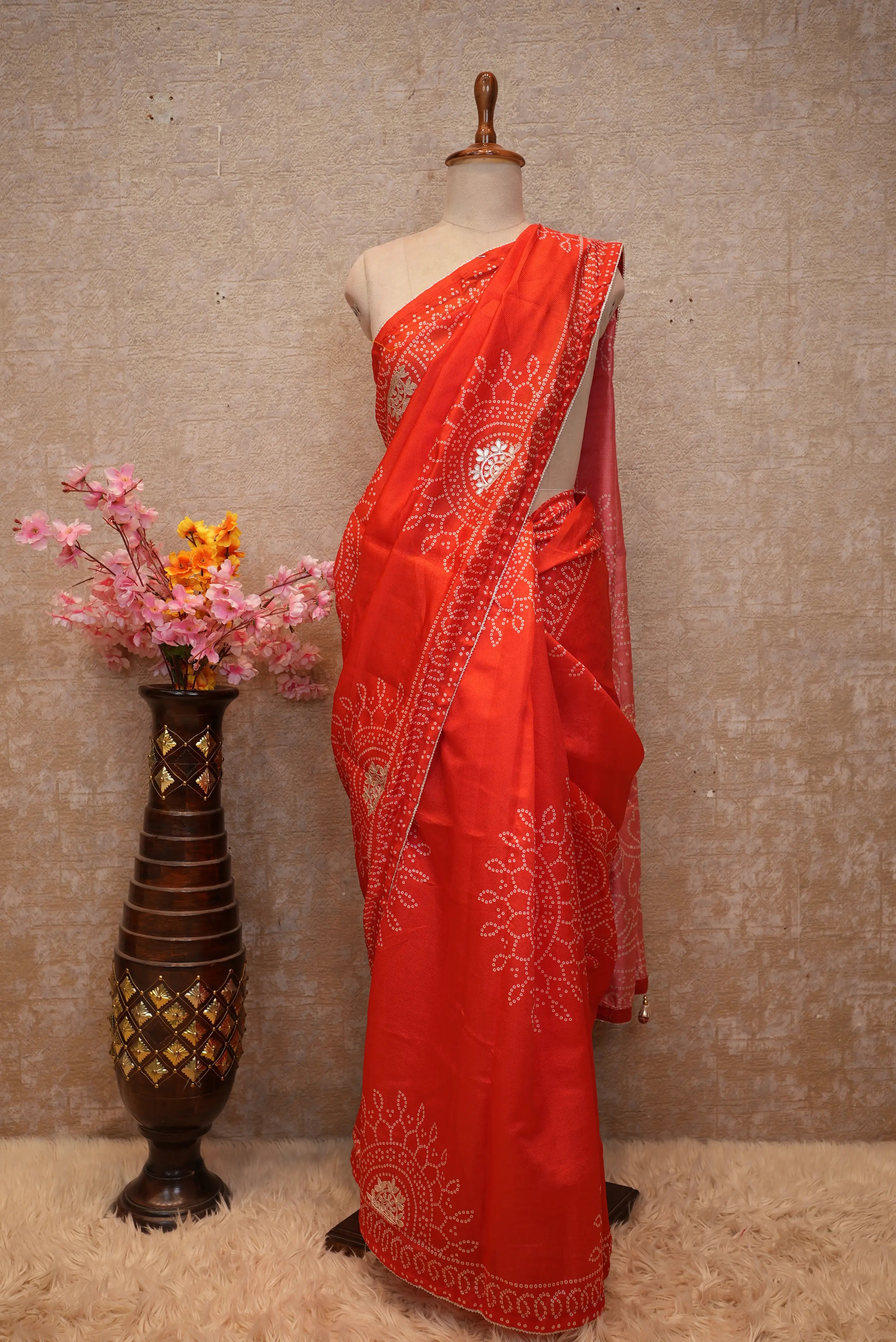 Pure Fabiana Bandhej Saree with Gota Patti Work (With Running Blouse)