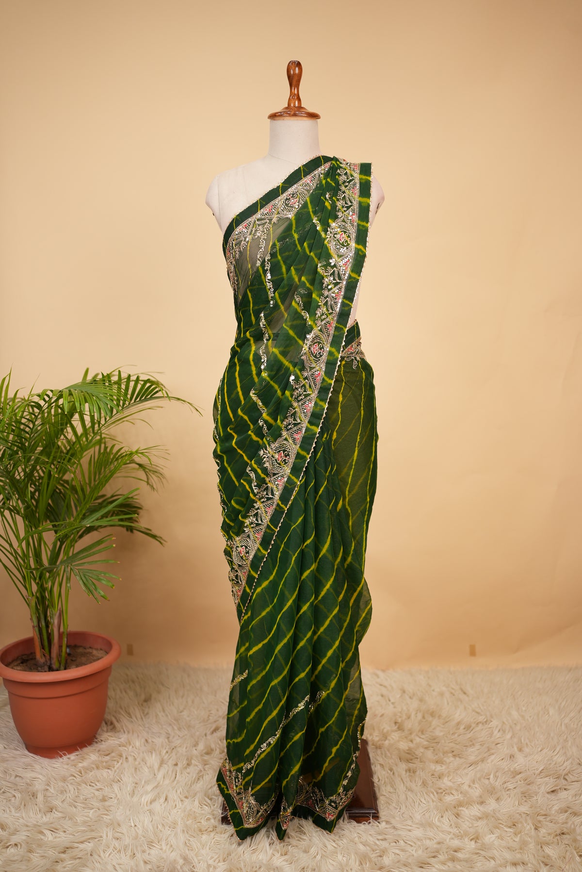 Rajasthani Traditional Leheriya Saree With Aari Taari & Cut Dana Work (With Blouse)