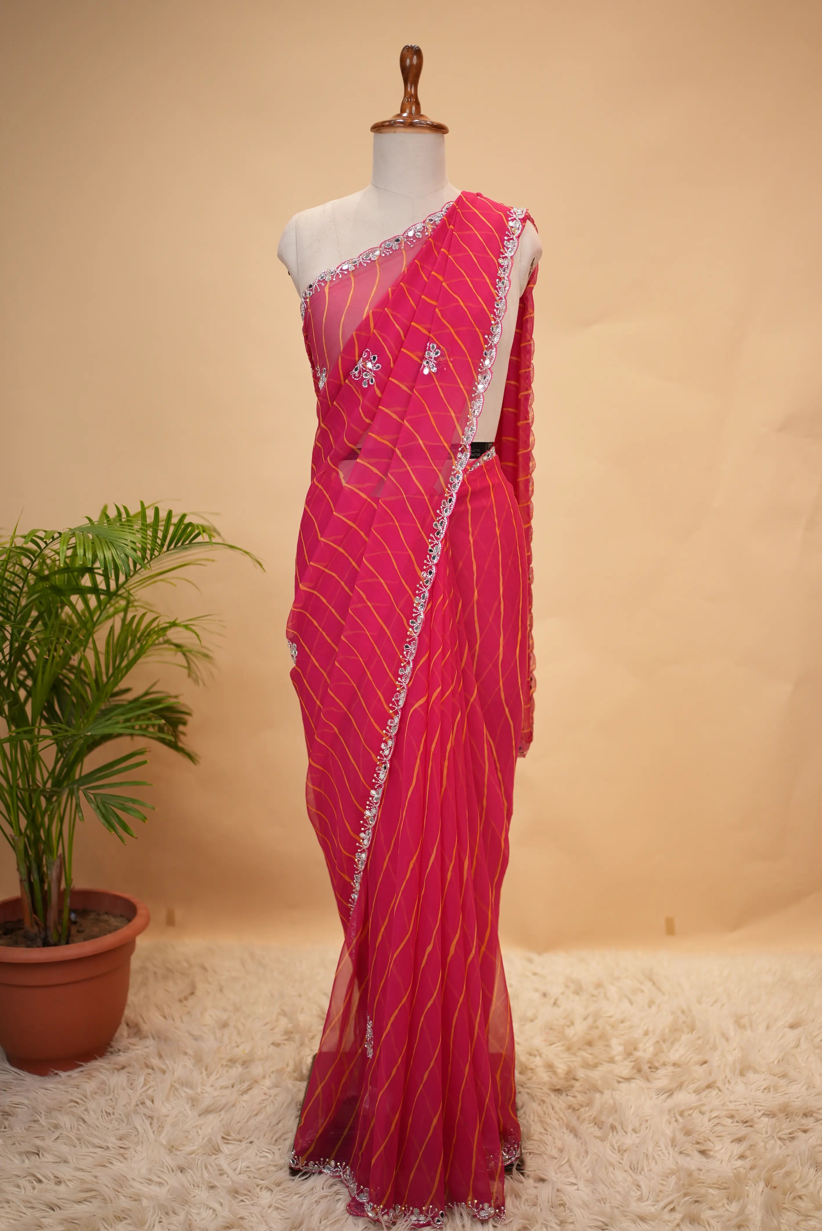 Georgette Fabric Leheriya Saree with Cut Dana Work & Butta Pattern (With Blouse)