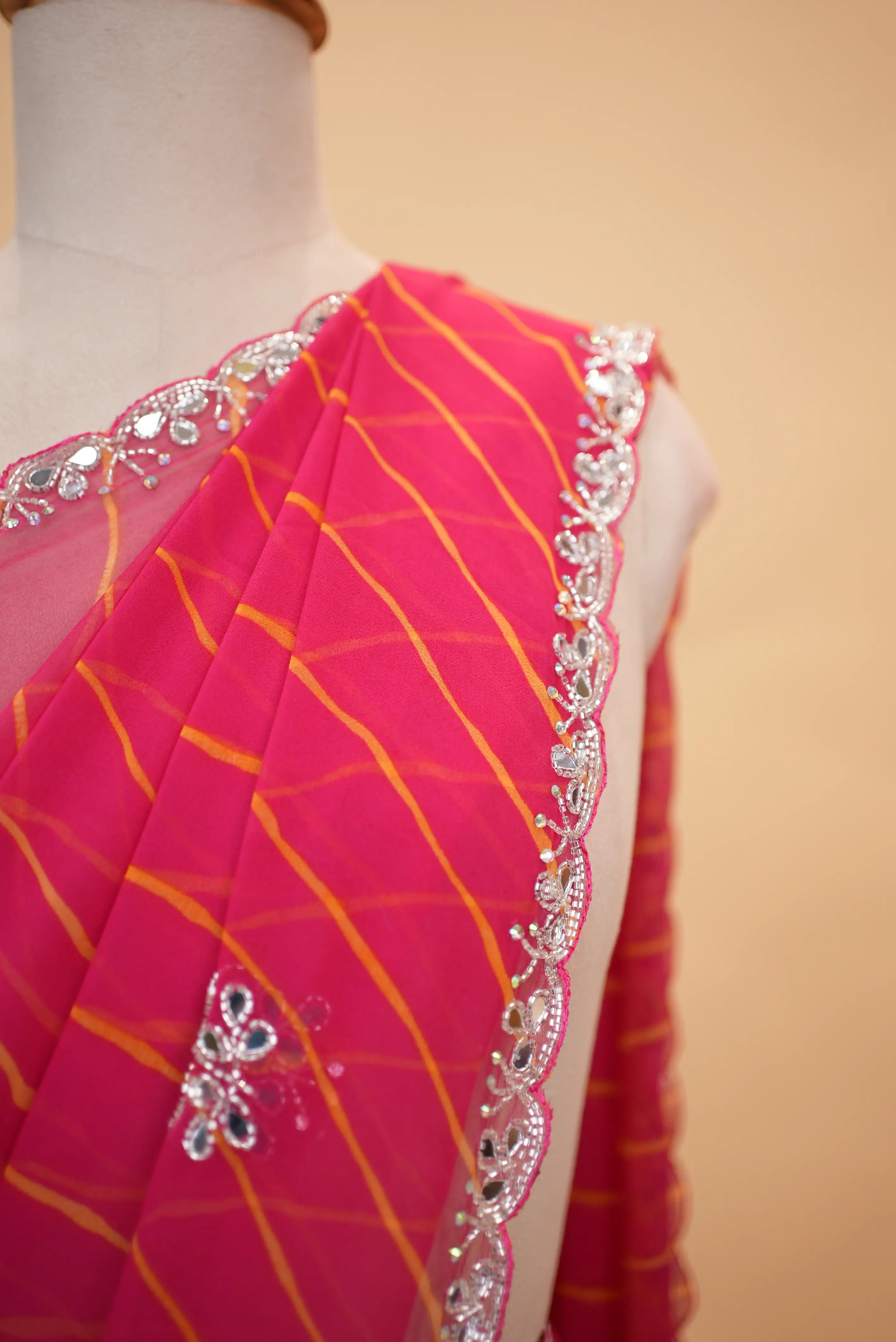 Georgette Fabric Leheriya Saree with Cut Dana Work & Butta Pattern (With Blouse)