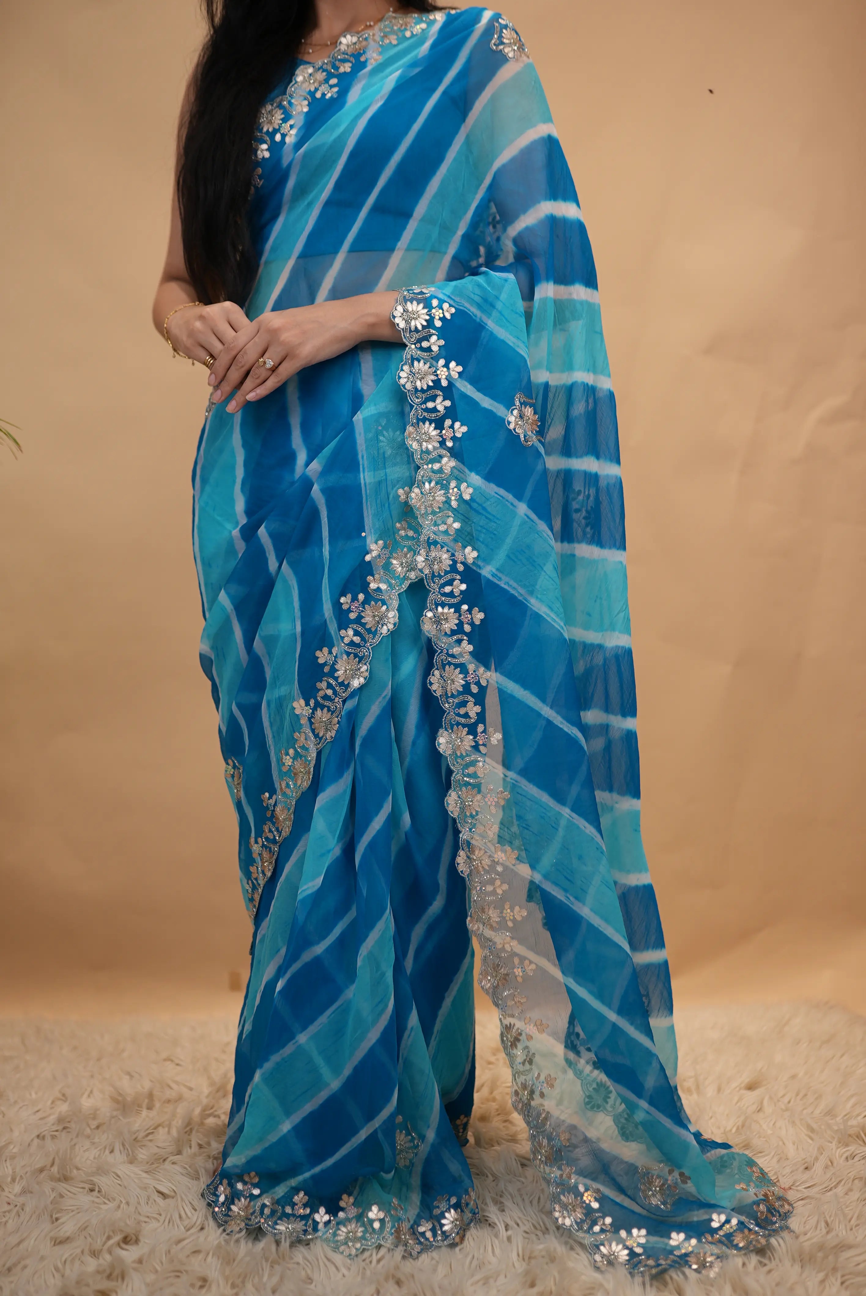 Gota Patti Handwork Pure Chiffon Leheriya Saree (With Blouse)