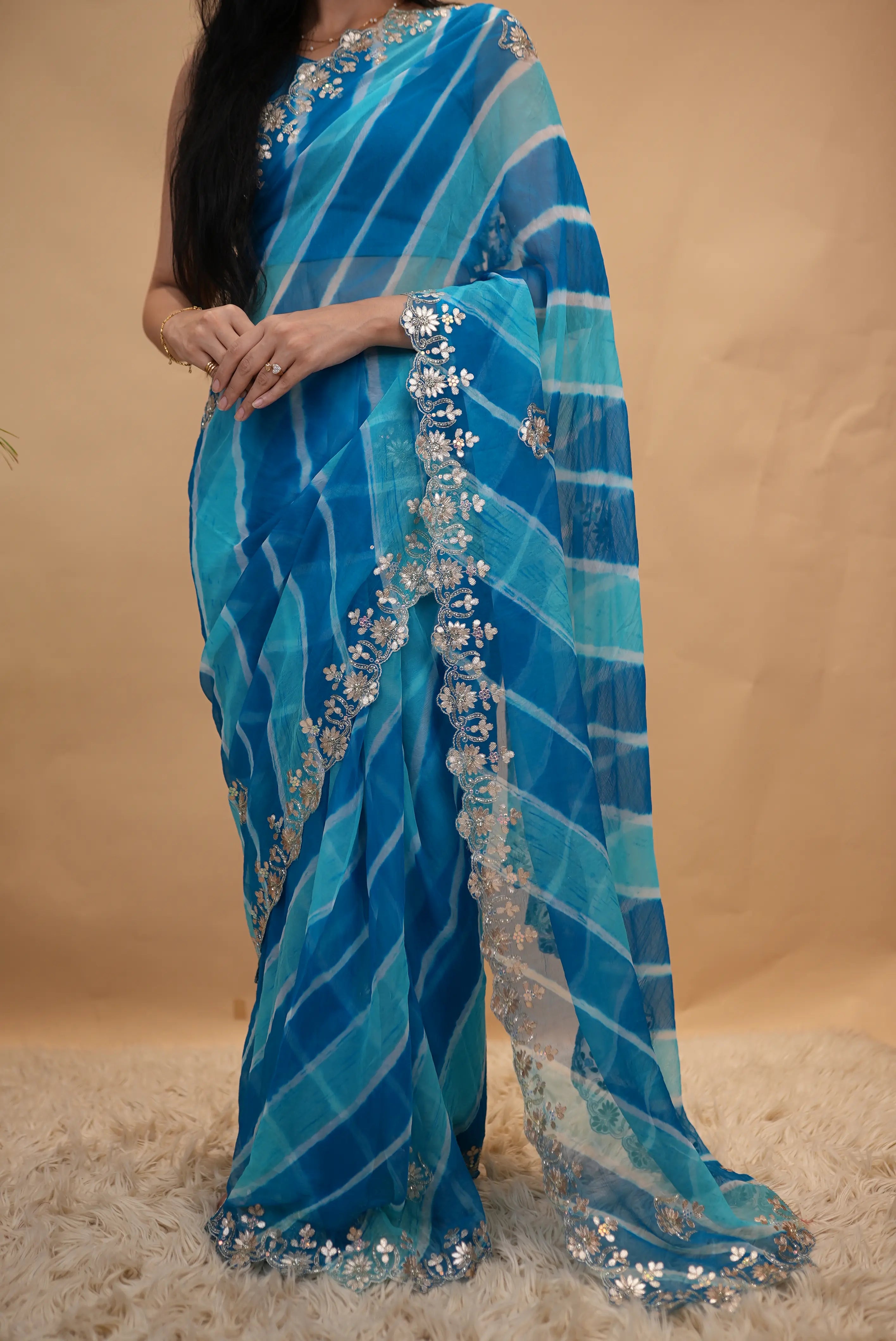 Gota Patti Handwork Pure Chiffon Leheriya Saree (With Blouse)