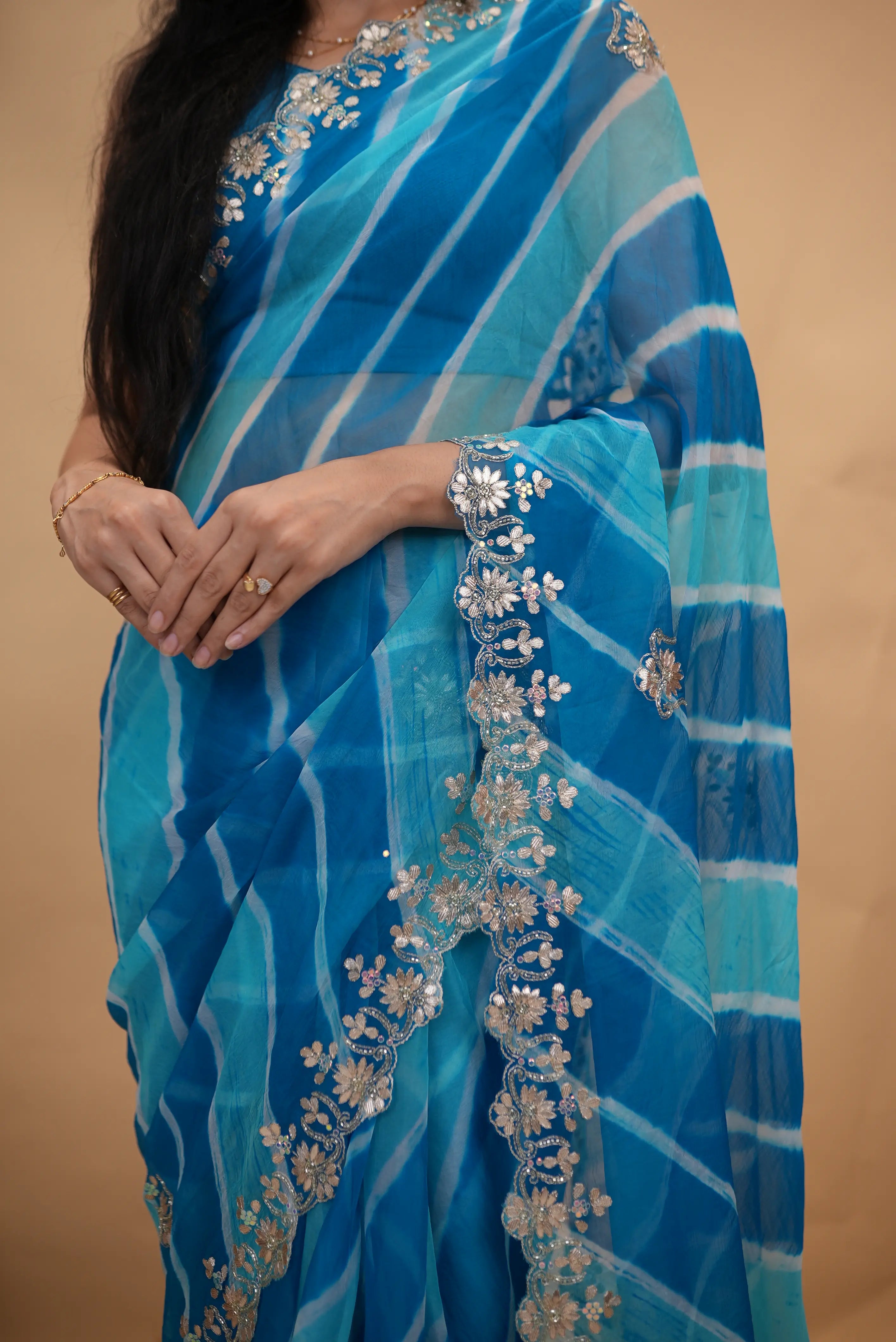 Gota Patti Handwork Pure Chiffon Leheriya Saree (With Blouse)