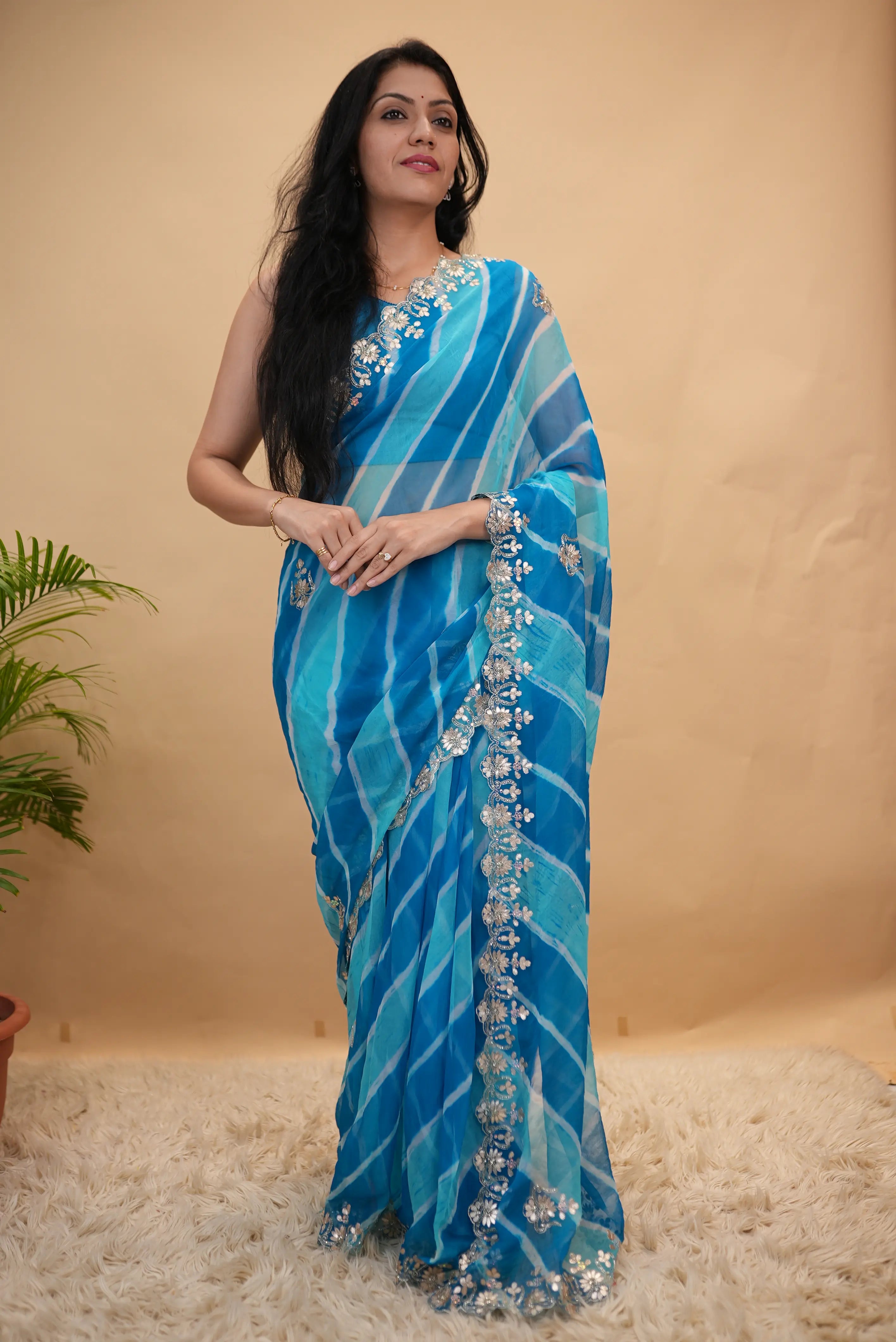 Gota Patti Handwork Pure Chiffon Leheriya Saree (With Blouse)